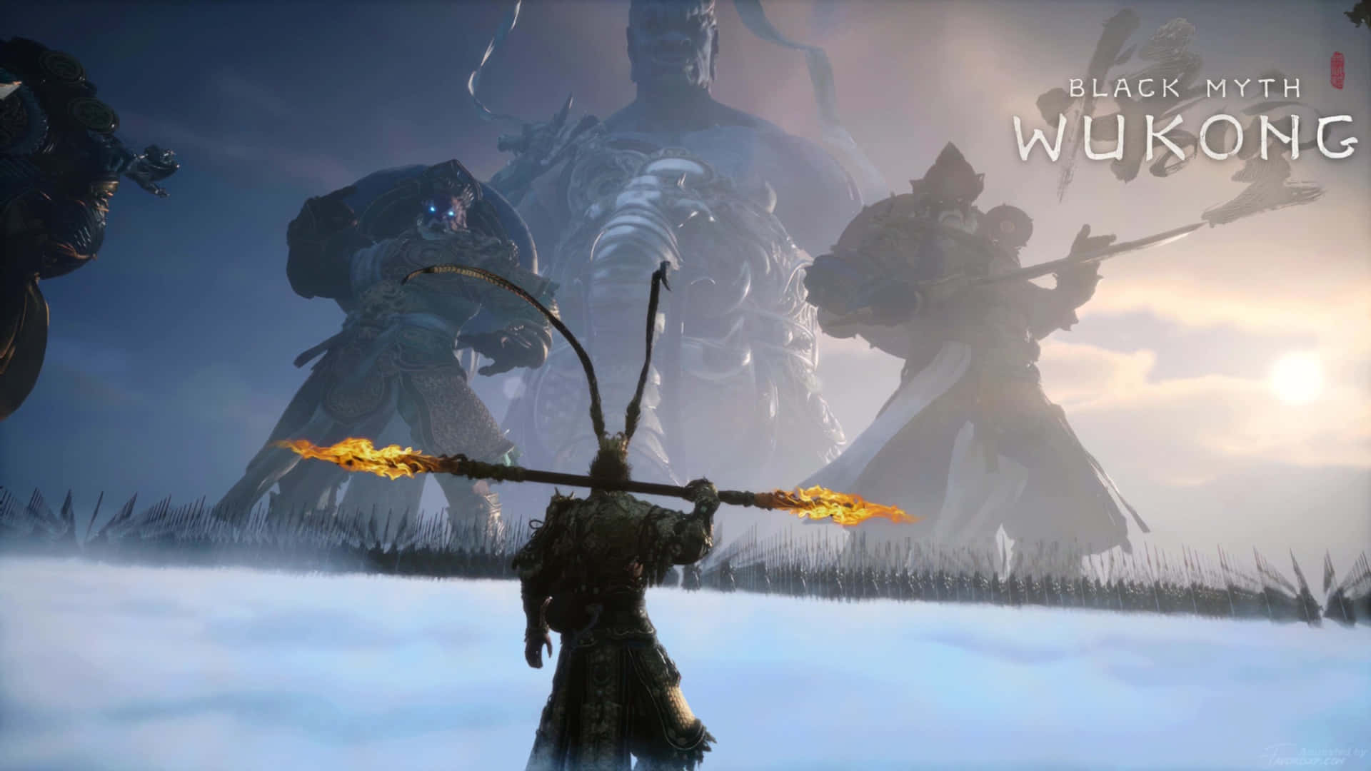 Black Myth Wukong, flaming staff, snowy plain, Full HD Desktop Wallpaper