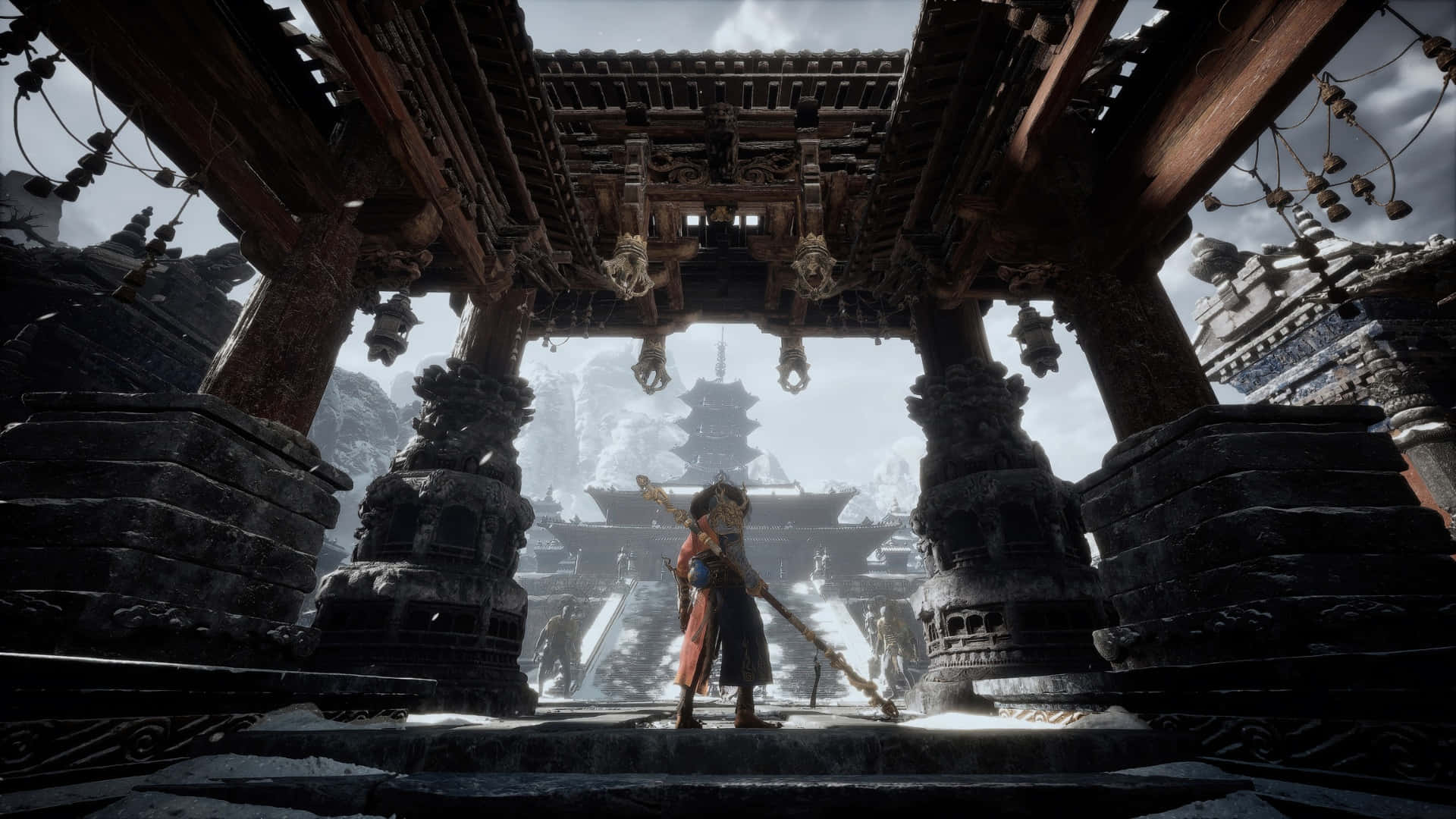Black Myth Wukong, red warrior, weathered wooden shrine archway, Full HD Desktop Wallpaper
