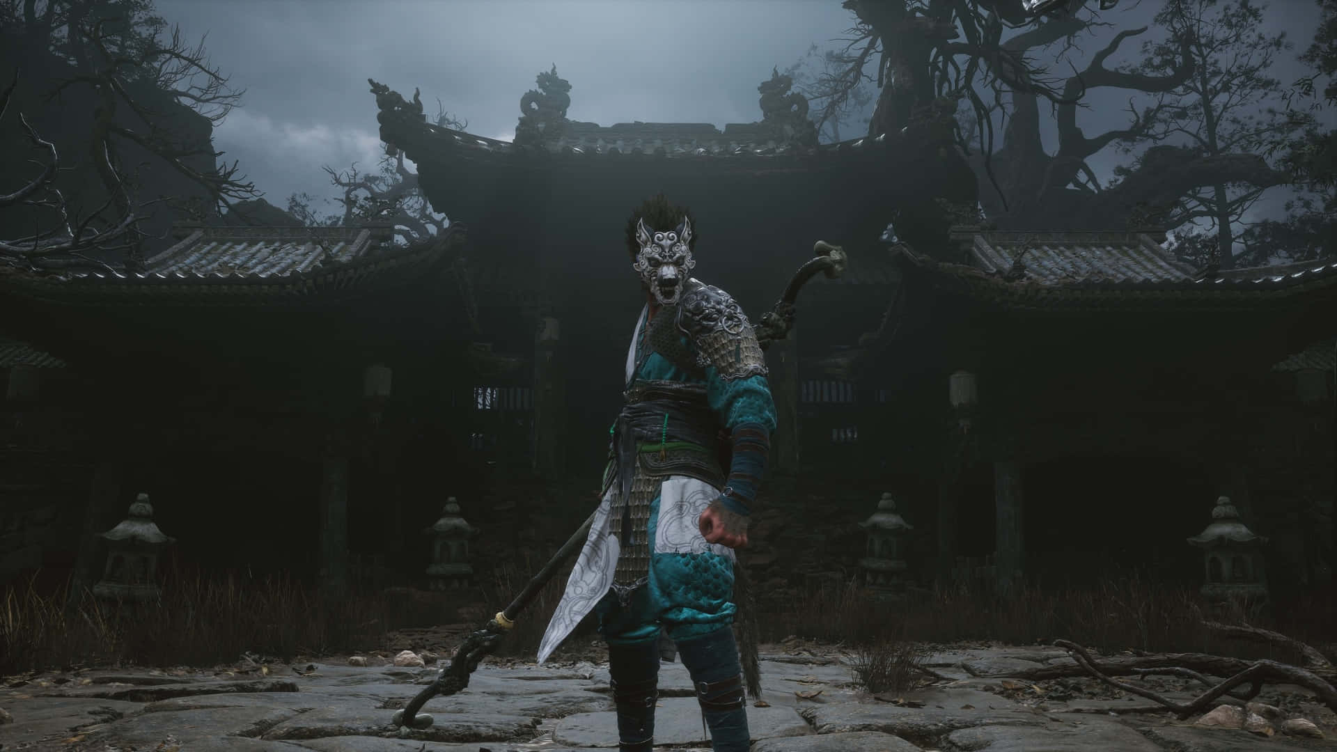 Black Myth Wukong, teal armor, masked warrior, Full HD Desktop Wallpaper