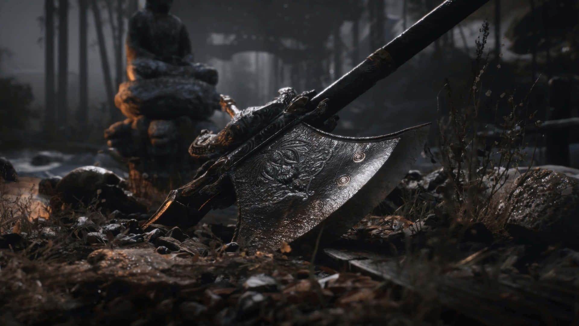 Black Myth Wukong, ornate axe, muddy forest undergrowth, Full HD Desktop Wallpaper