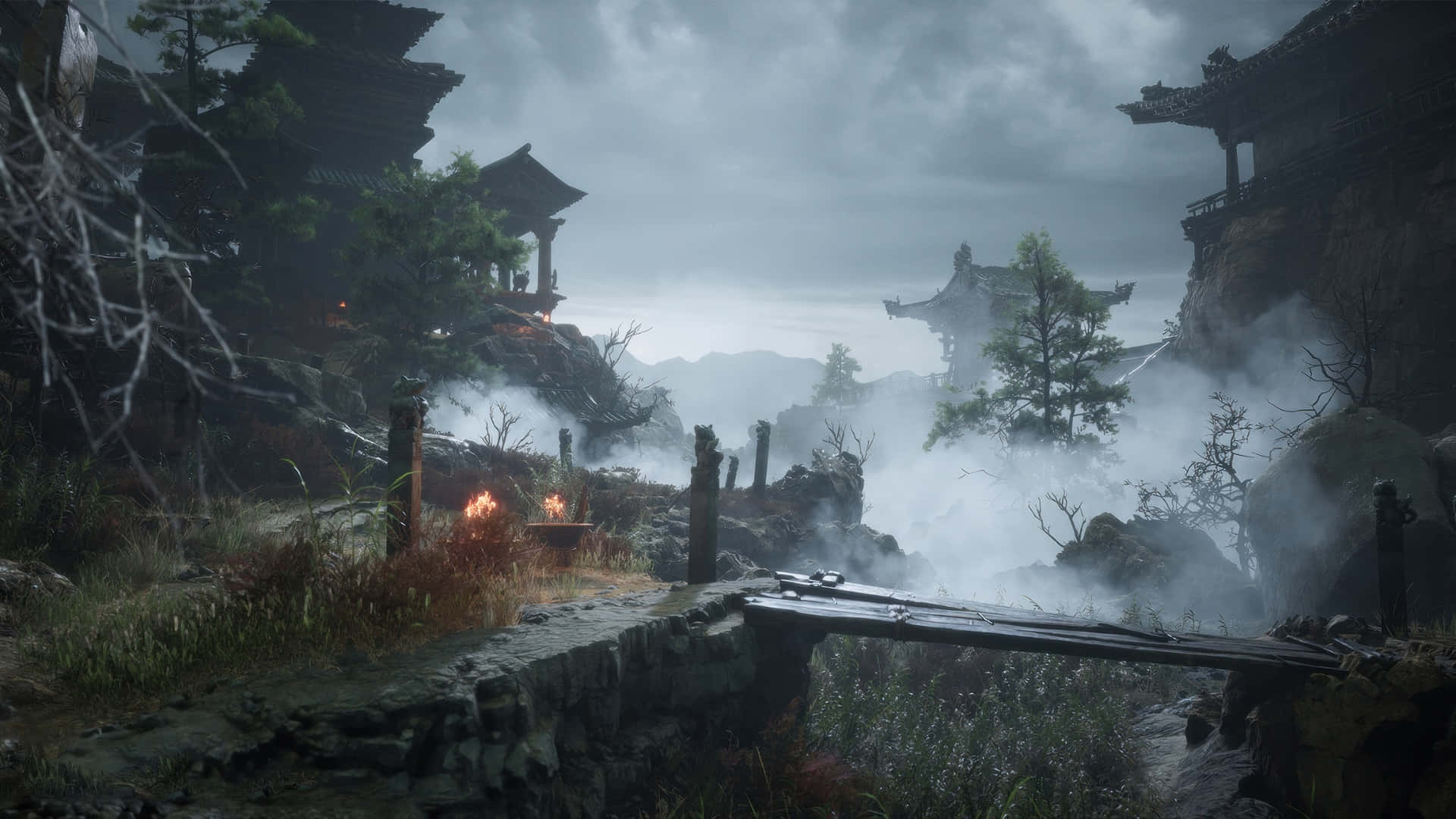 Black Myth Wukong, misty mountain temple complex, wooden bridges, Full HD Desktop Wallpaper