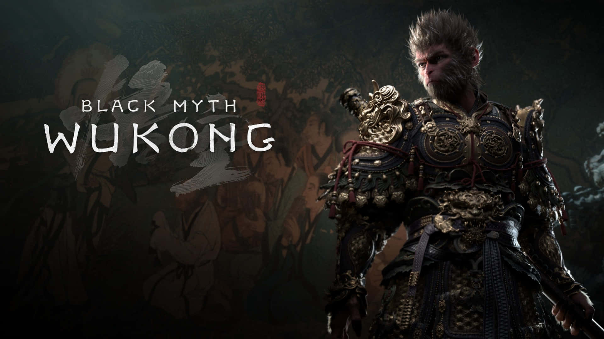 Black Myth Wukong, monkey warrior, ornate dark armor, Full HD Desktop Wallpaper