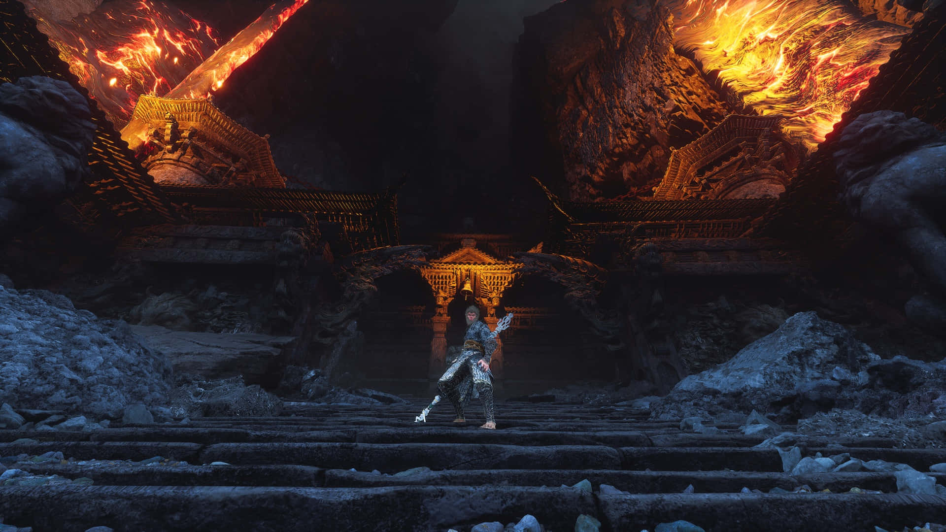 Black Myth Wukong, epic boss battle, ancient stone steps, Full HD Desktop Wallpaper