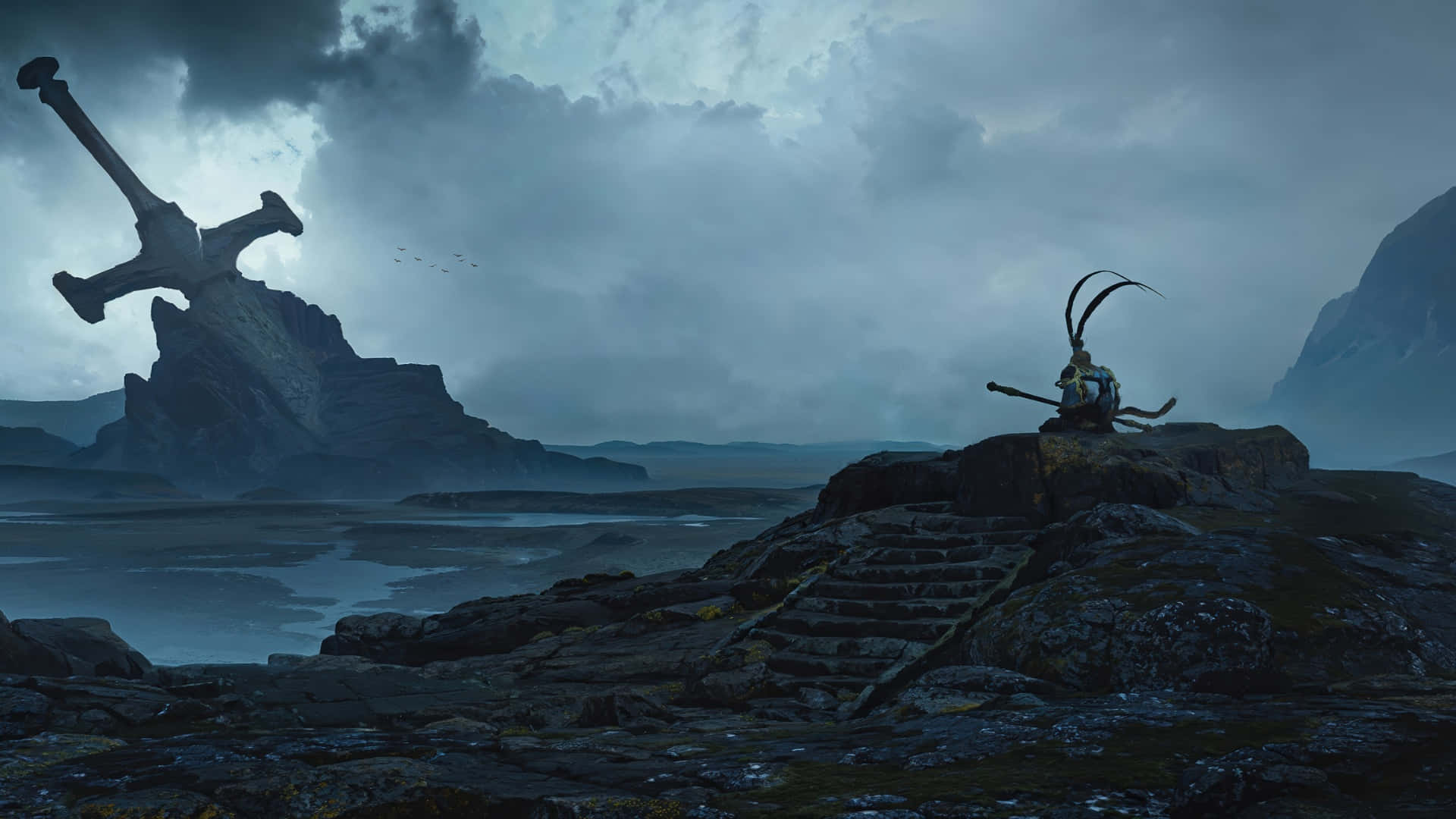 Black Myth Wukong, lone warrior with curved horns, misty sea, Full HD Desktop Wallpaper