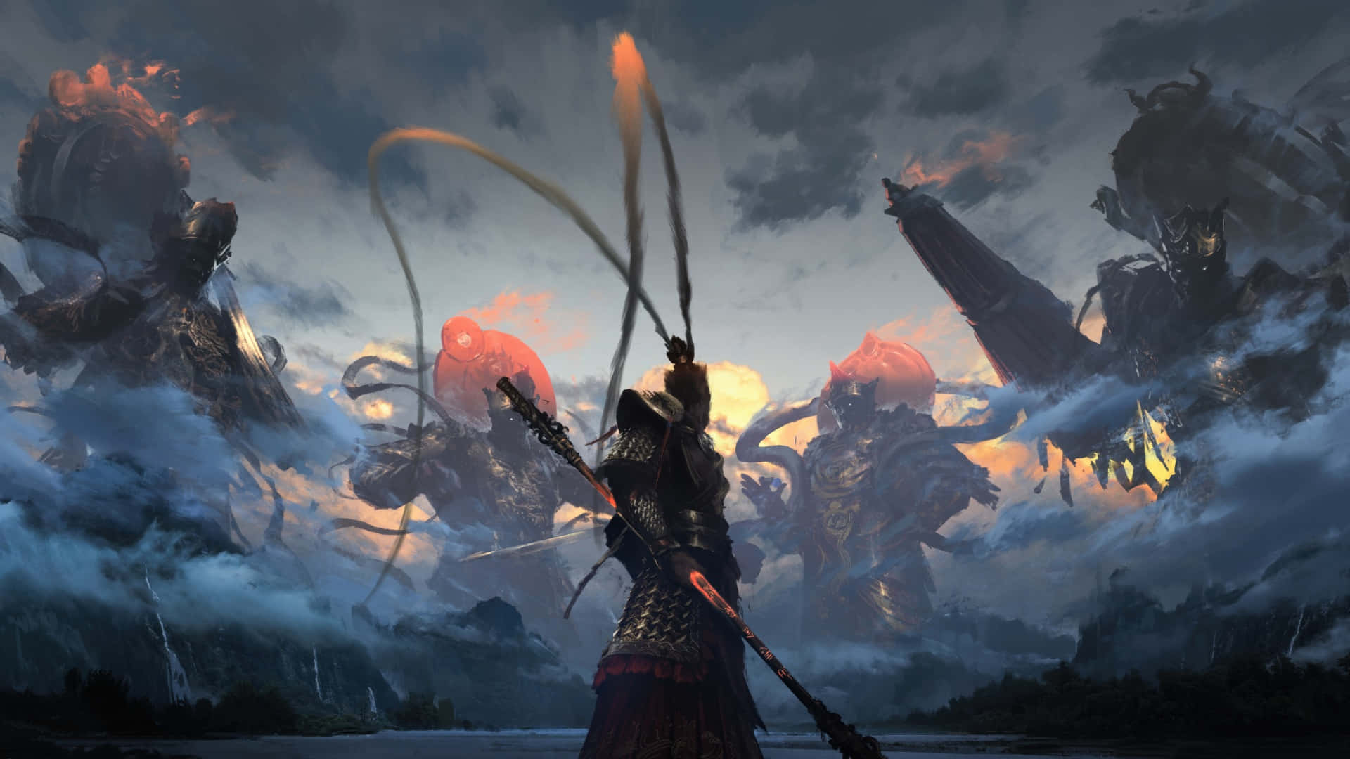 Black Myth Wukong, flaming lance, misty battlefield, Full HD Desktop Wallpaper