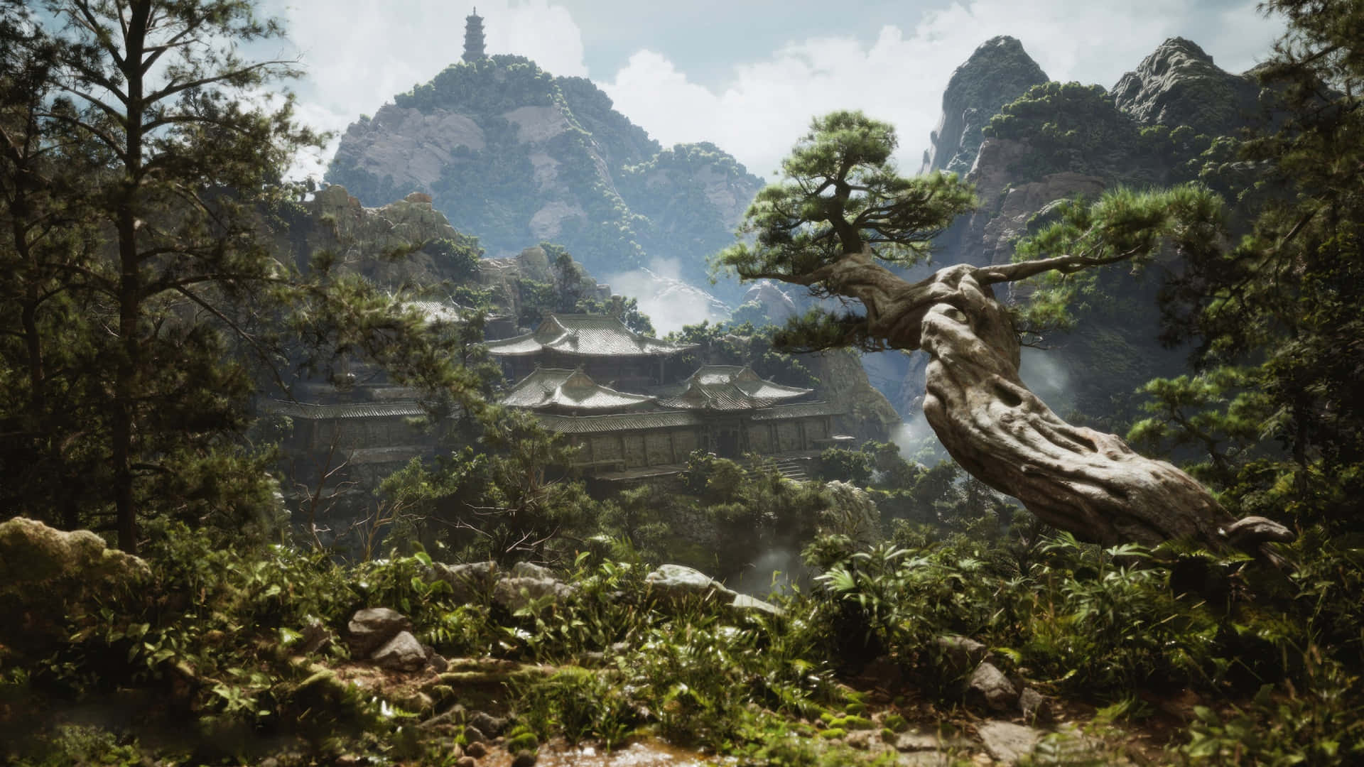 Black Myth Wukong, ancient temple, misty mountains, Full HD Desktop Wallpaper