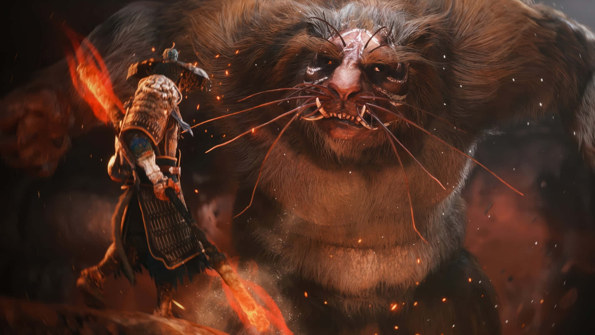 Black Myth Wukong, flaming sword, massive feral beast, Full HD Desktop Wallpaper