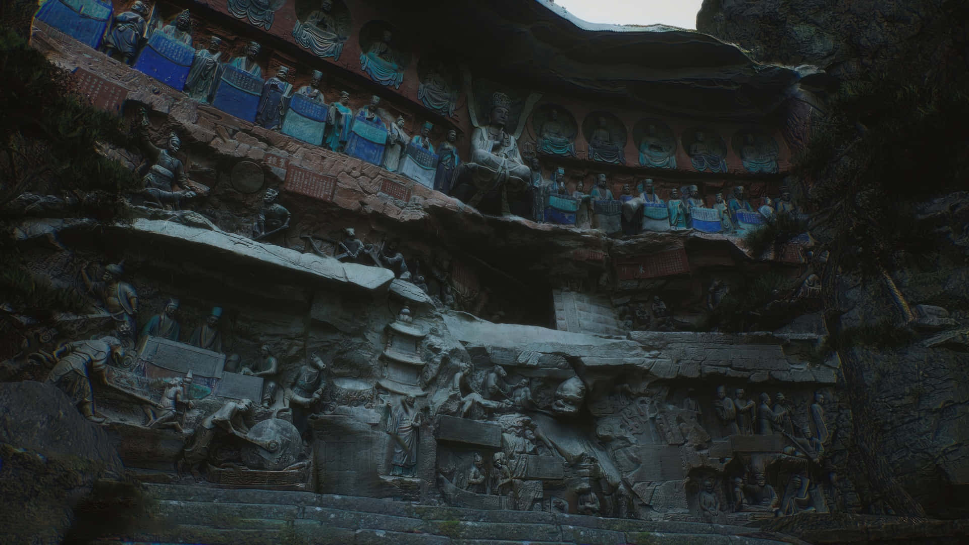 Black Myth Wukong, ancient ruins, cliffside Buddhist temple, Full HD Desktop Wallpaper