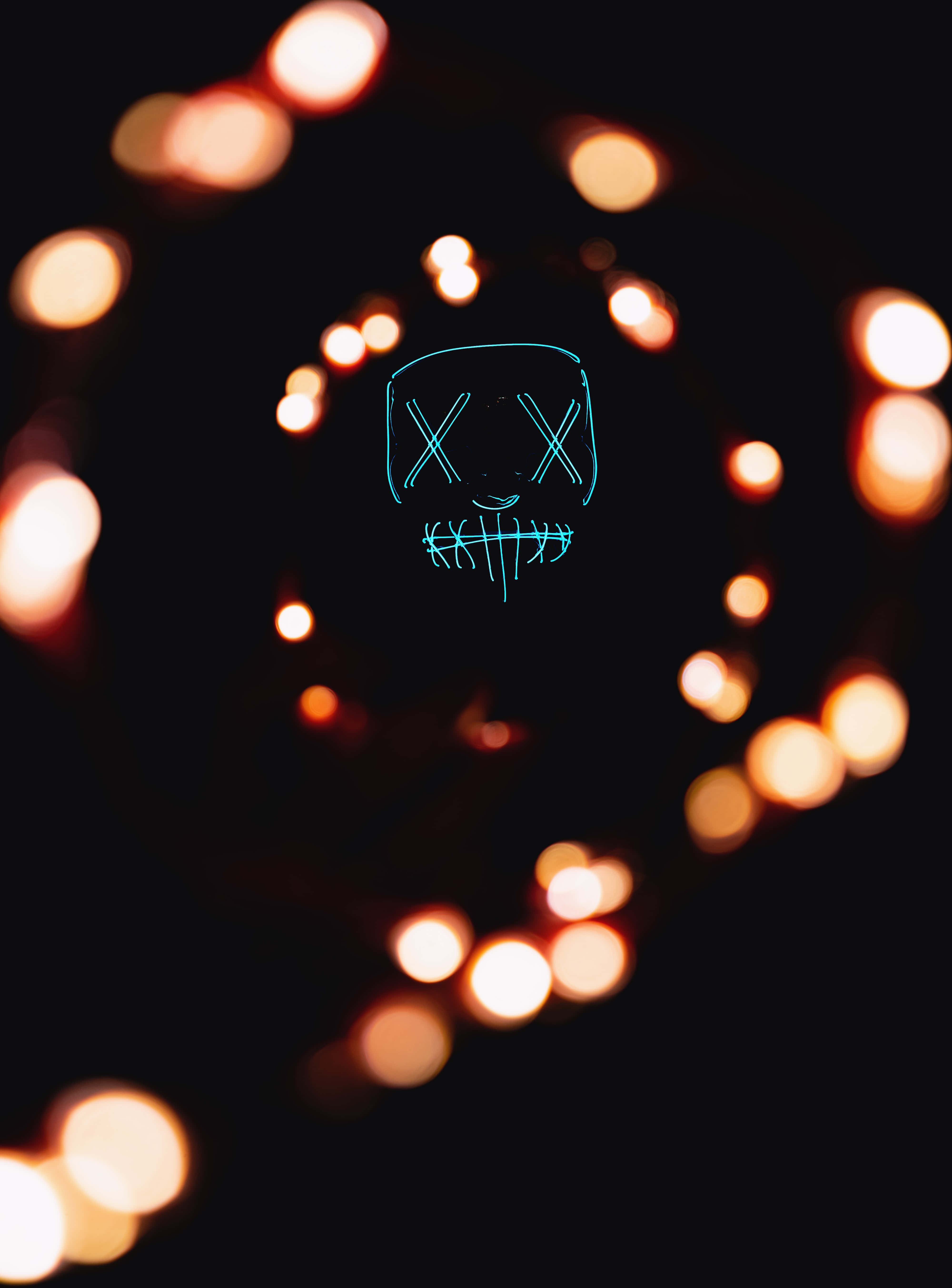 neon skull, cyan skull outline, X eyes, 5K Phone Wallpaper