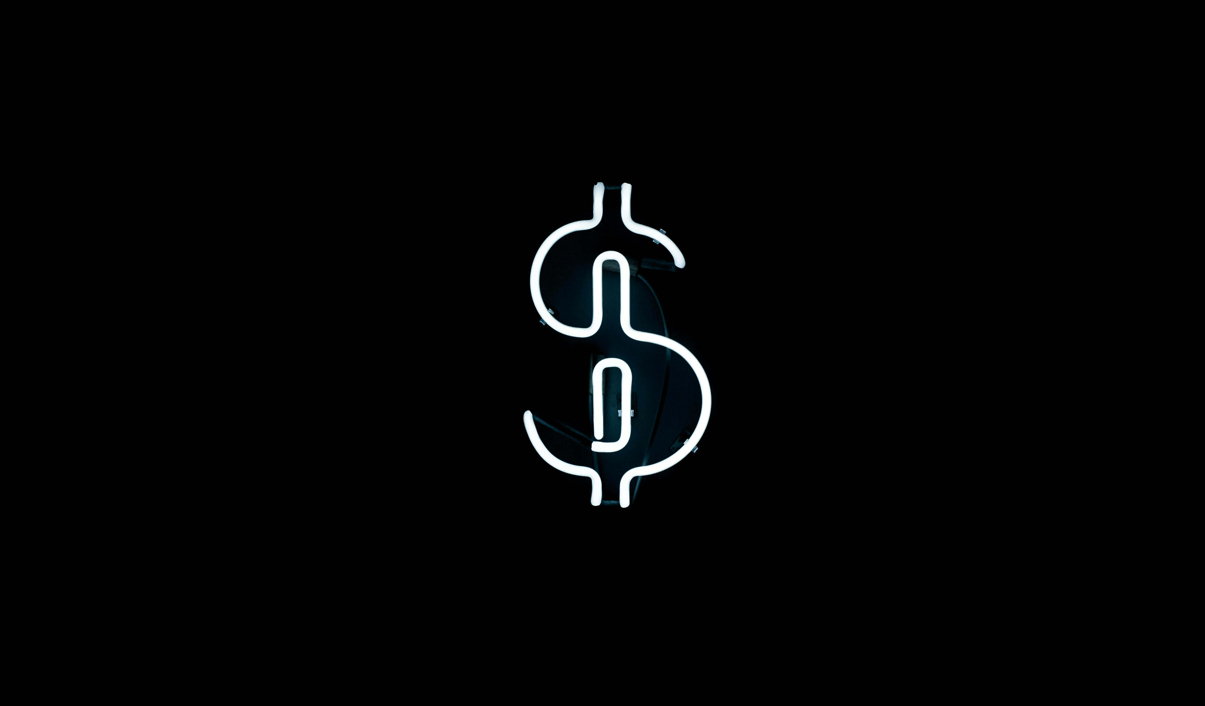 Neon Dollar Sign, pitch black background, glowing white neon, 4K Desktop Wallpaper