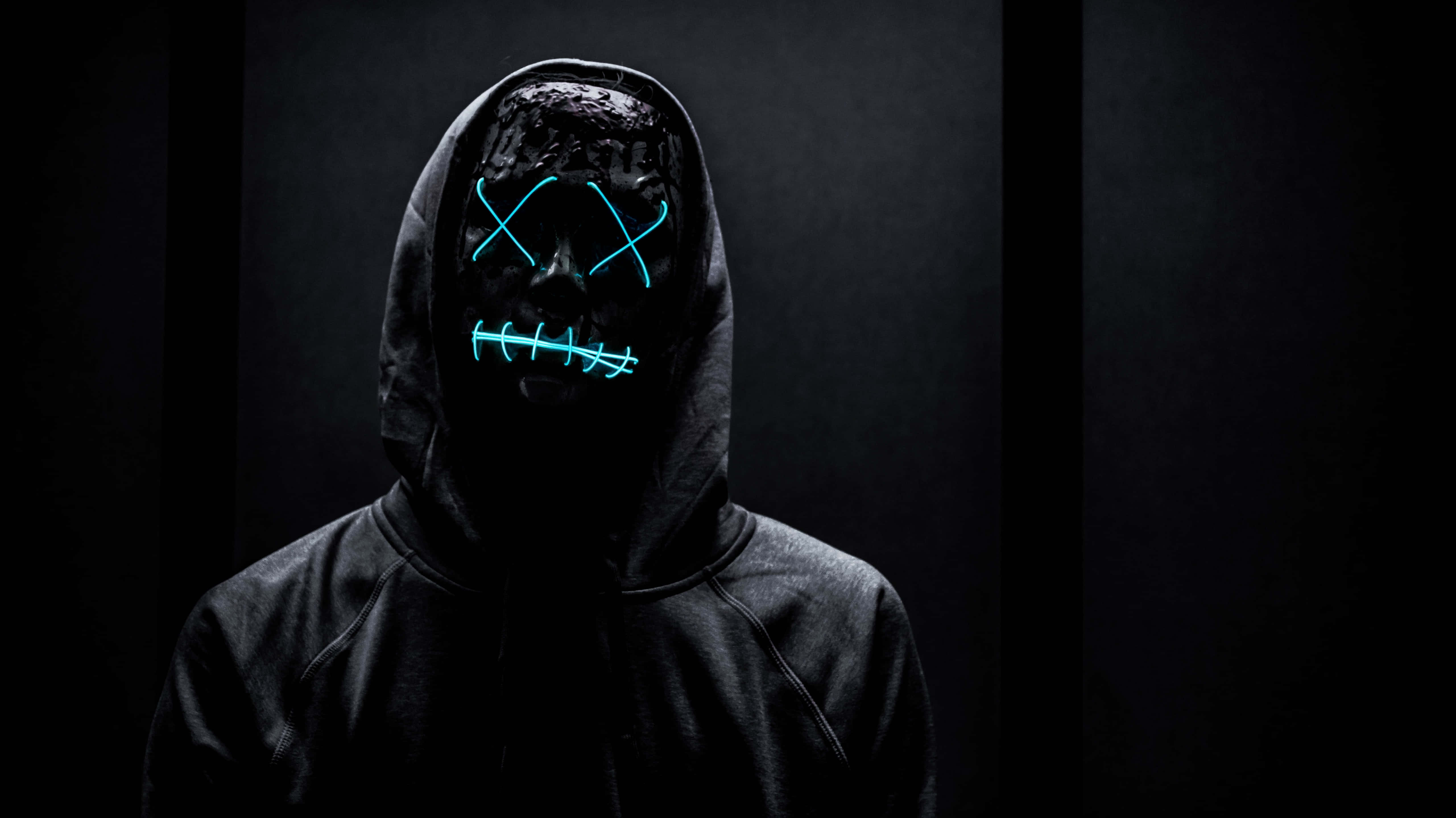 Black Hoodie, Neon Mask4 K, glowing blue stitched mask, 5K Desktop Wallpaper