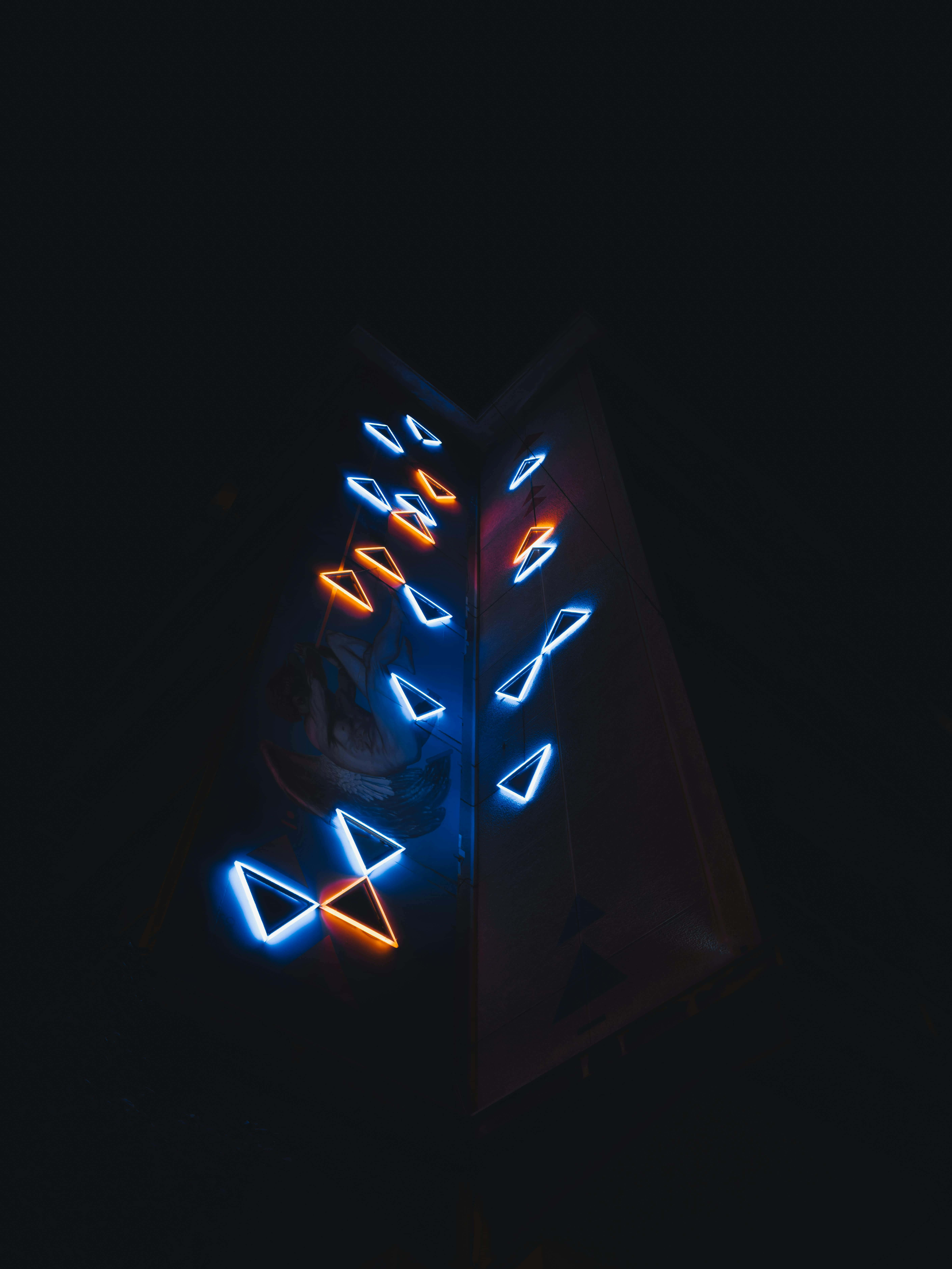 neon triangles, blue, orange, 5K Phone Wallpaper