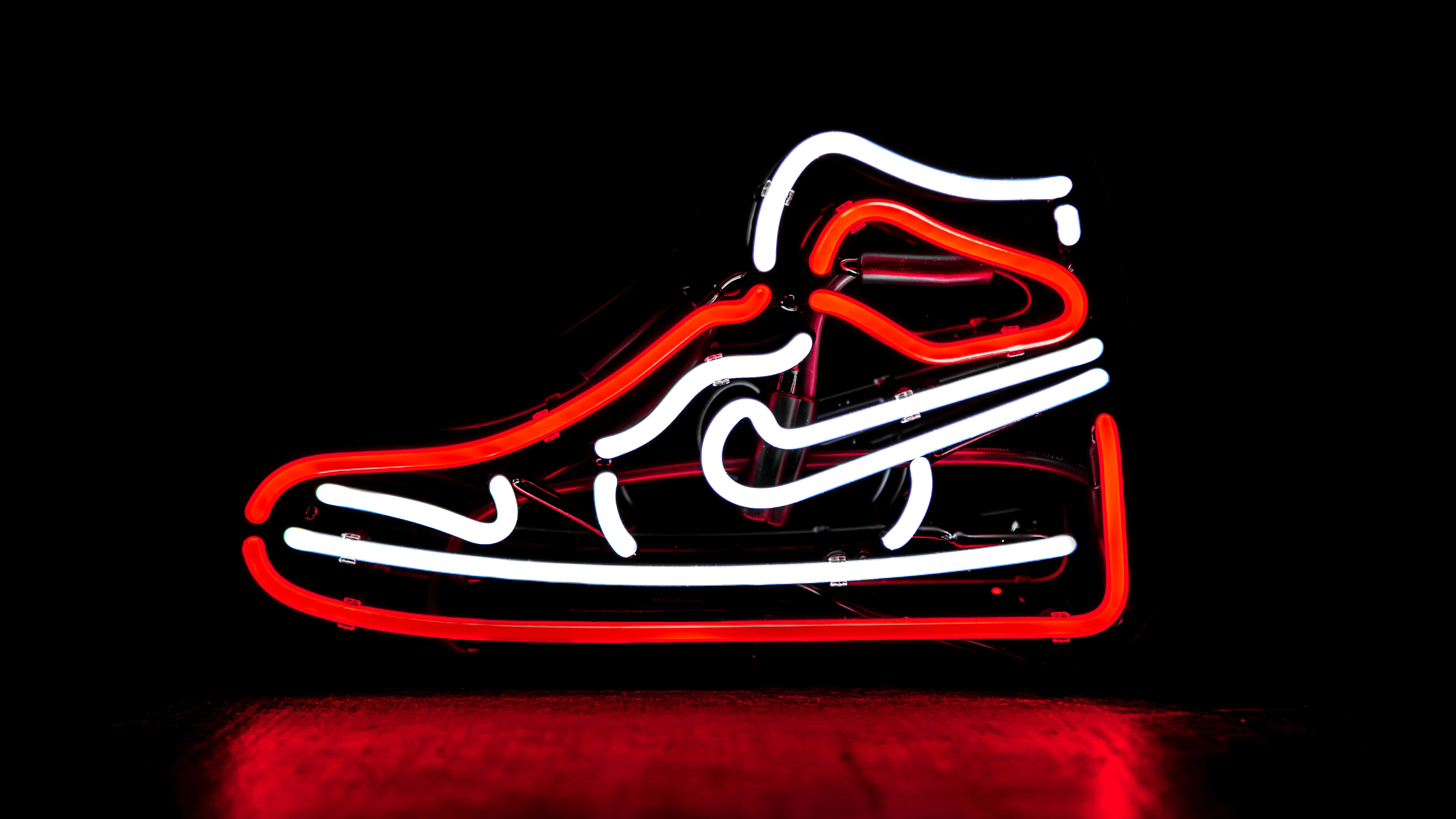 Neon Sneaker Glow4 K, glowing red and white neon sign, high-top sneaker, 5K Desktop Wallpaper