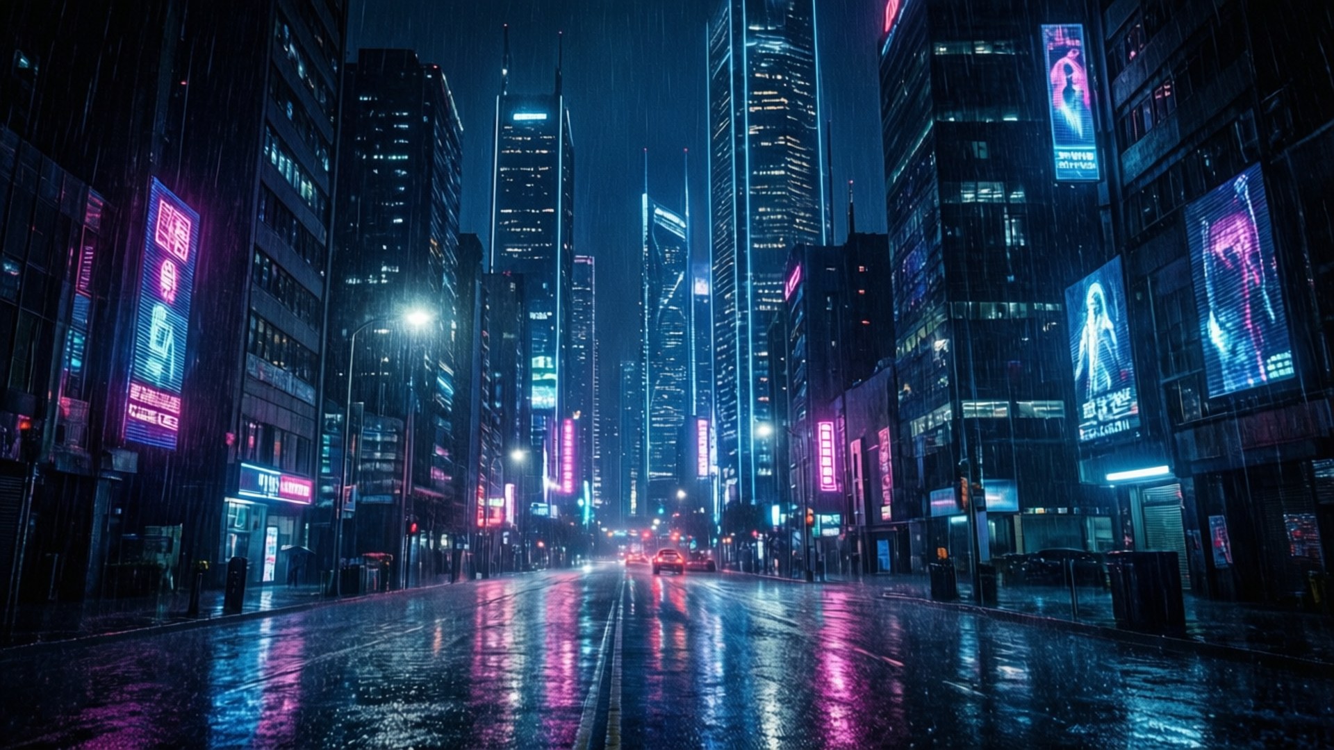 Neon Cyberpunk Cityscape, rain-slicked neon-lit city street, towering skyscrapers, Full HD Desktop Wallpaper