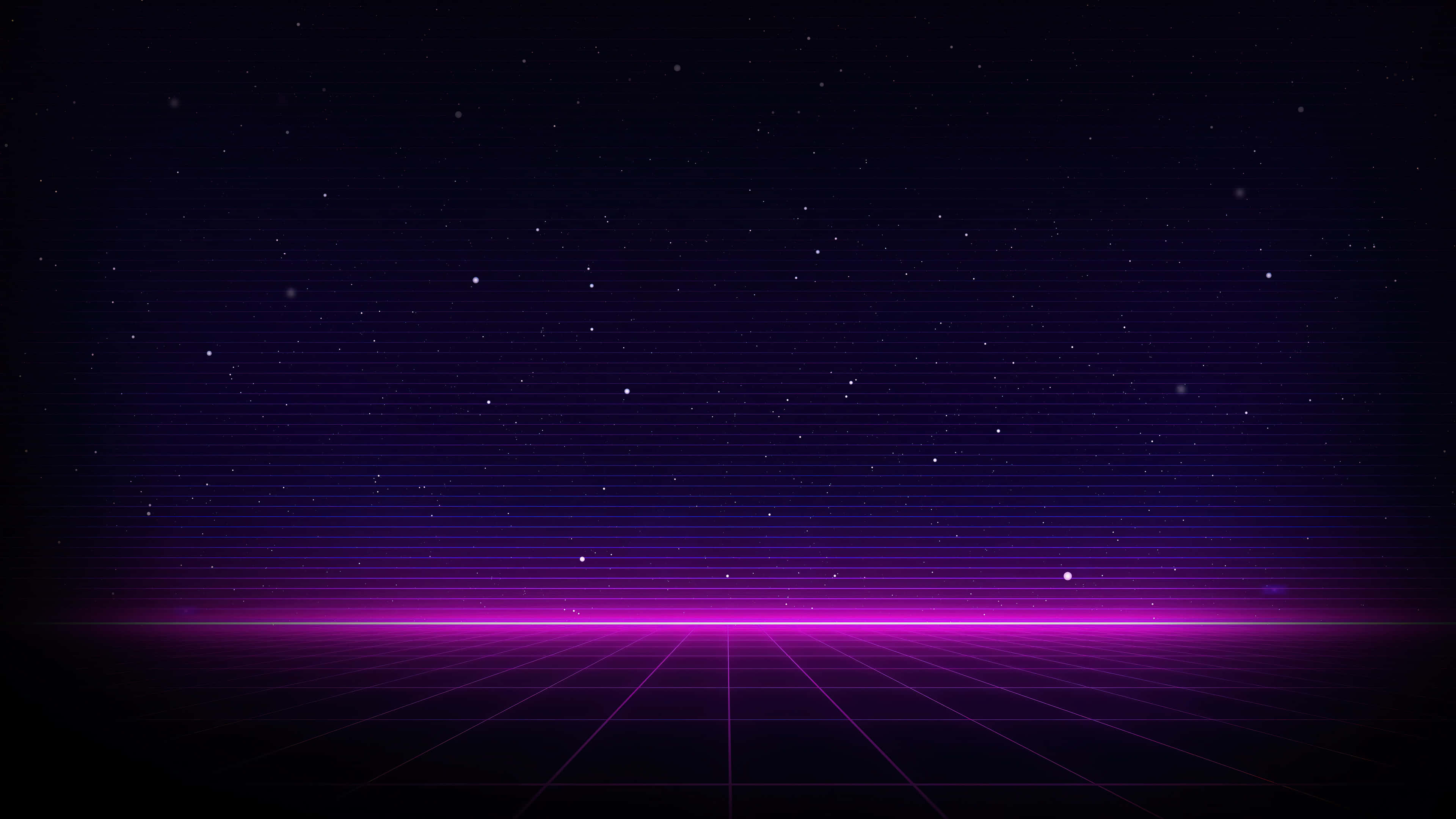 Black Neon Grid Landscape4 K, glowing purple grid floor, starry night sky, 4K Desktop Wallpaper