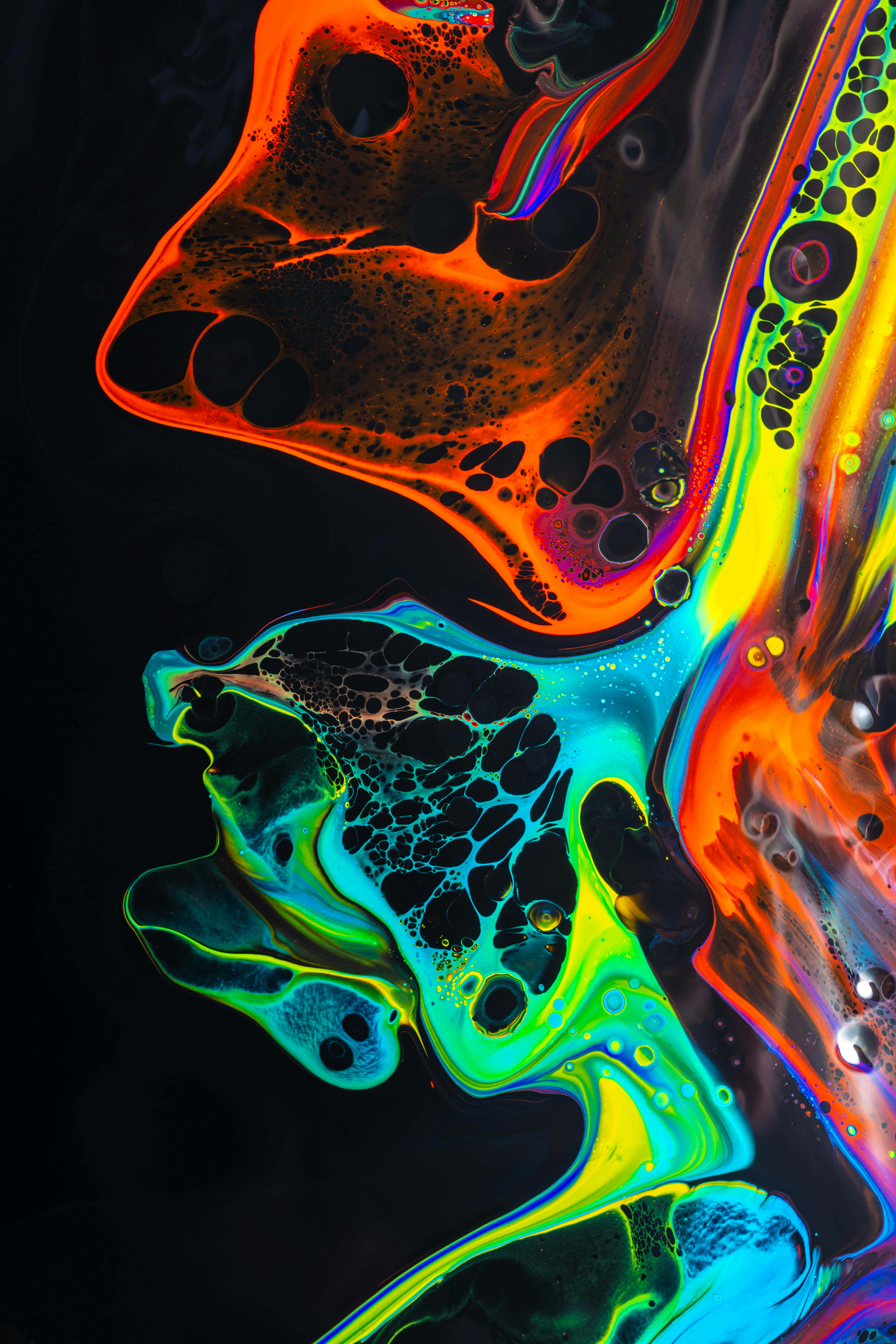 Vibrant Fluid Art, black background, neon paints, 5K Phone Wallpaper