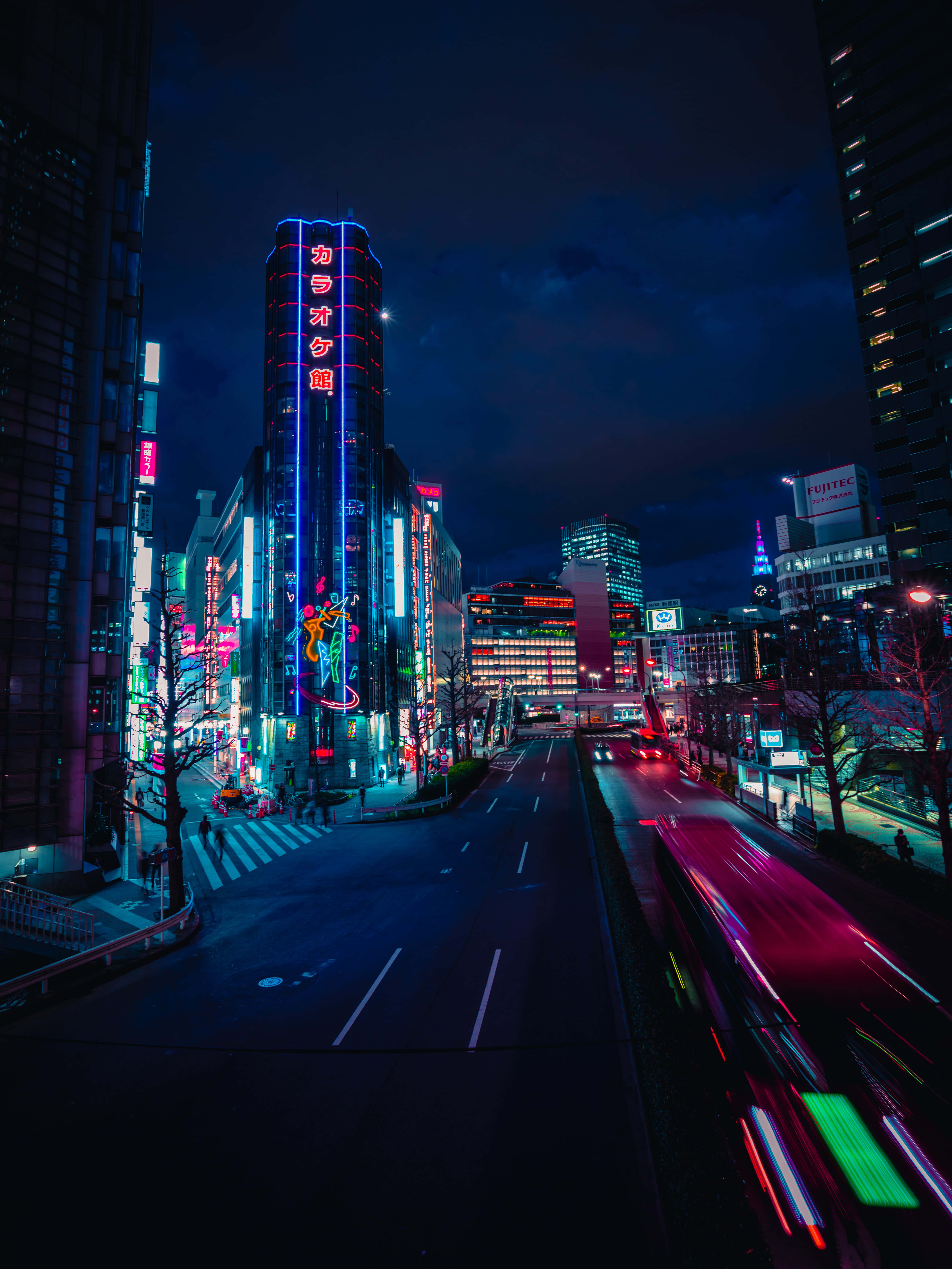 Neon Nightlife Urban Cityscape4 K, neon-lit urban street, streaking car lights, 5K Phone Wallpaper