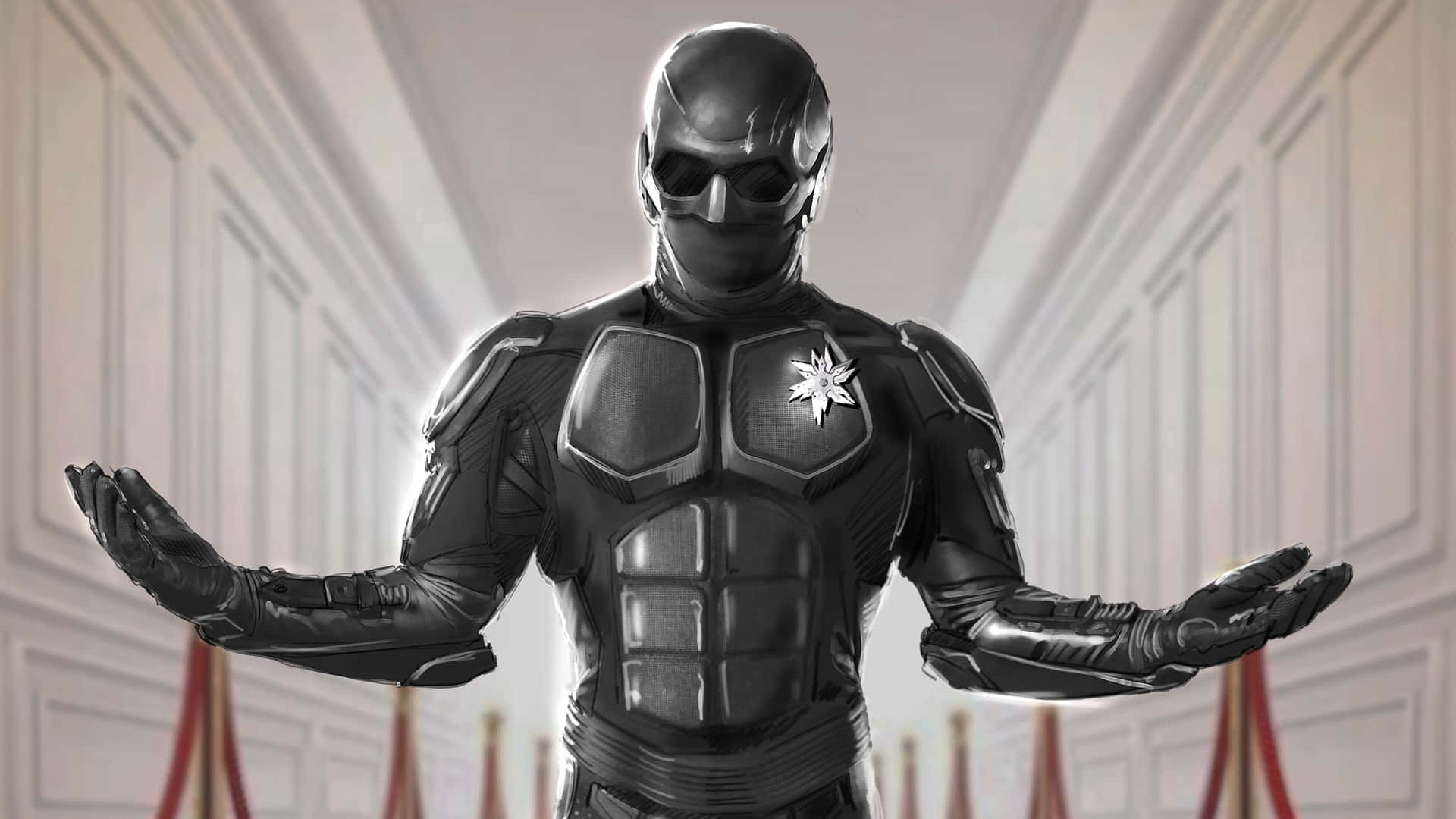 Black Noir, sleek black armor, grand white hallway, Full HD Desktop Wallpaper