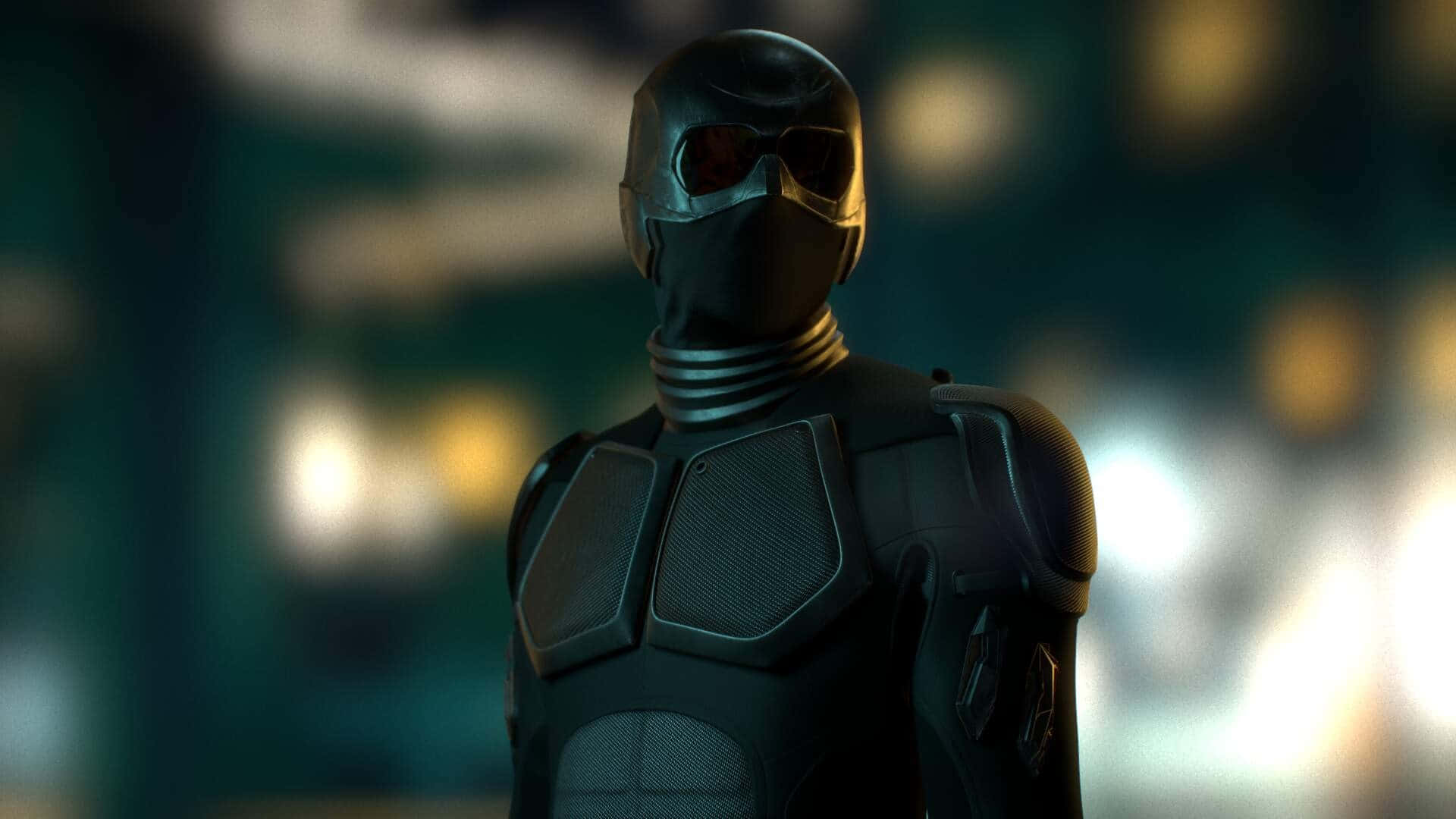 Black Noir, sleek black armor, neon-lit urban backdrop, Full HD Desktop Wallpaper