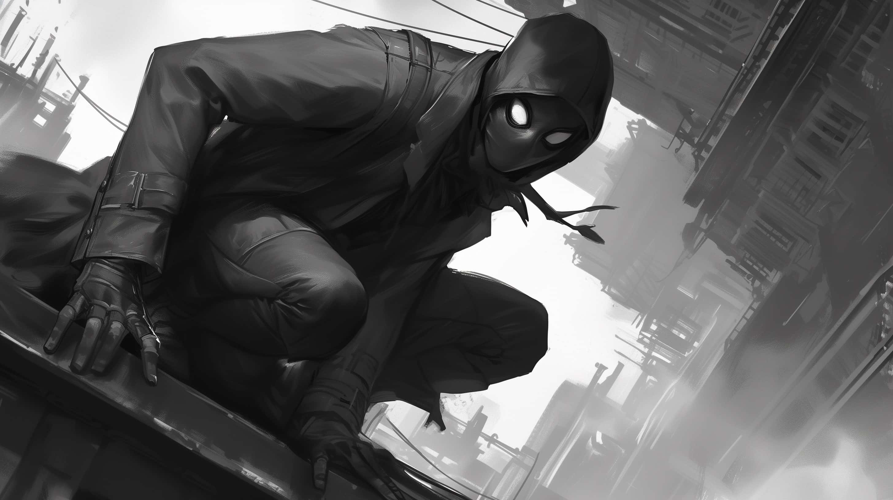 Black Noir, rooftop, misty urban skyline, 2K Desktop Wallpaper