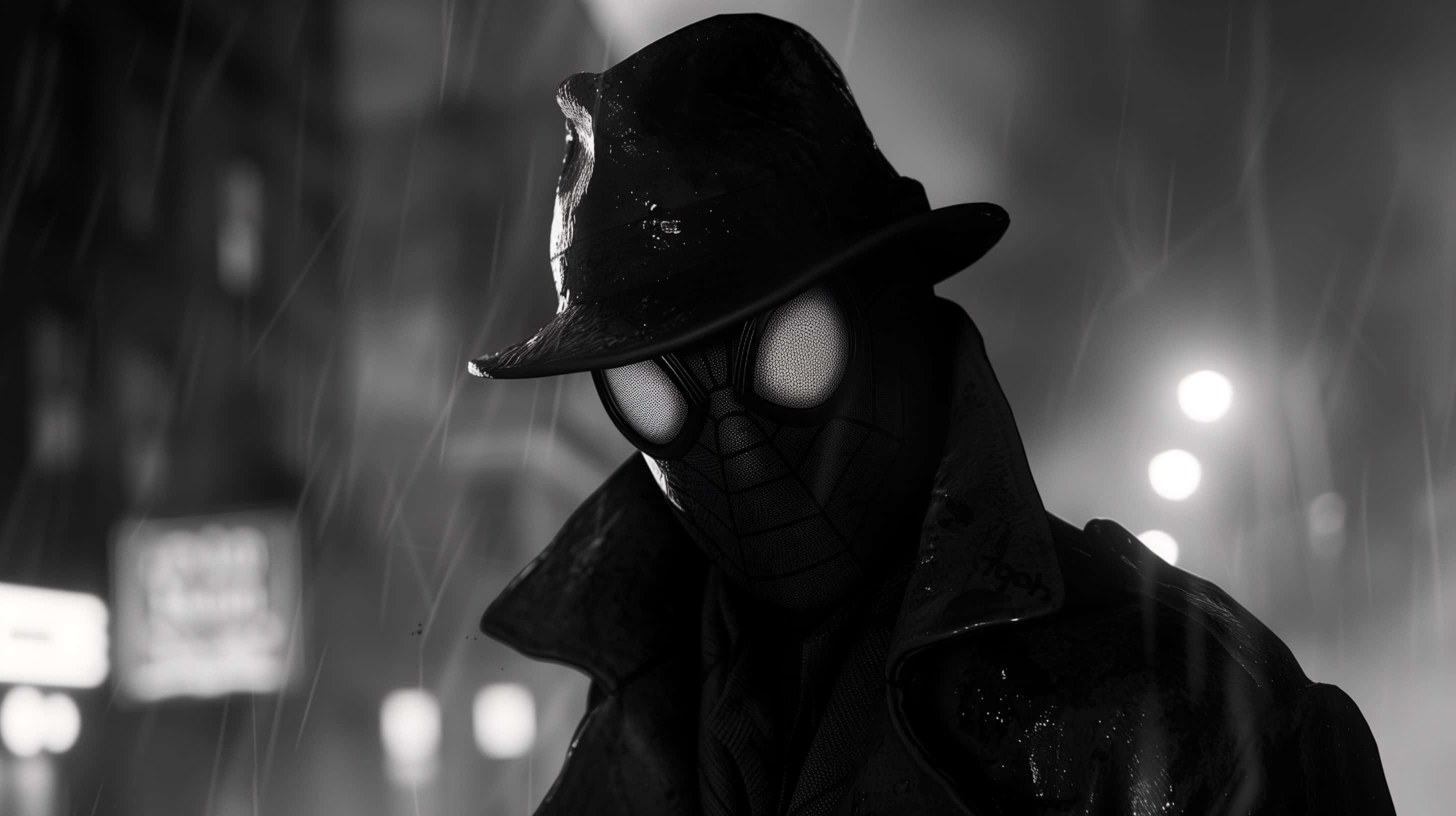 Black Noir, rain-slicked city streets, glowing streetlights, 2K Desktop Wallpaper