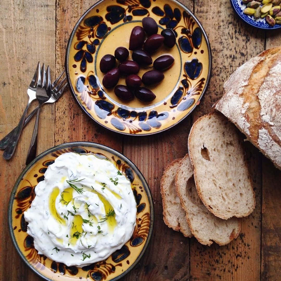 black olives, rustic wooden table, creamy tzatziki, SD Desktop Wallpaper