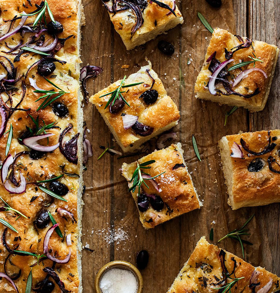 black olives, focaccia bread, red onions, SD Phone Wallpaper