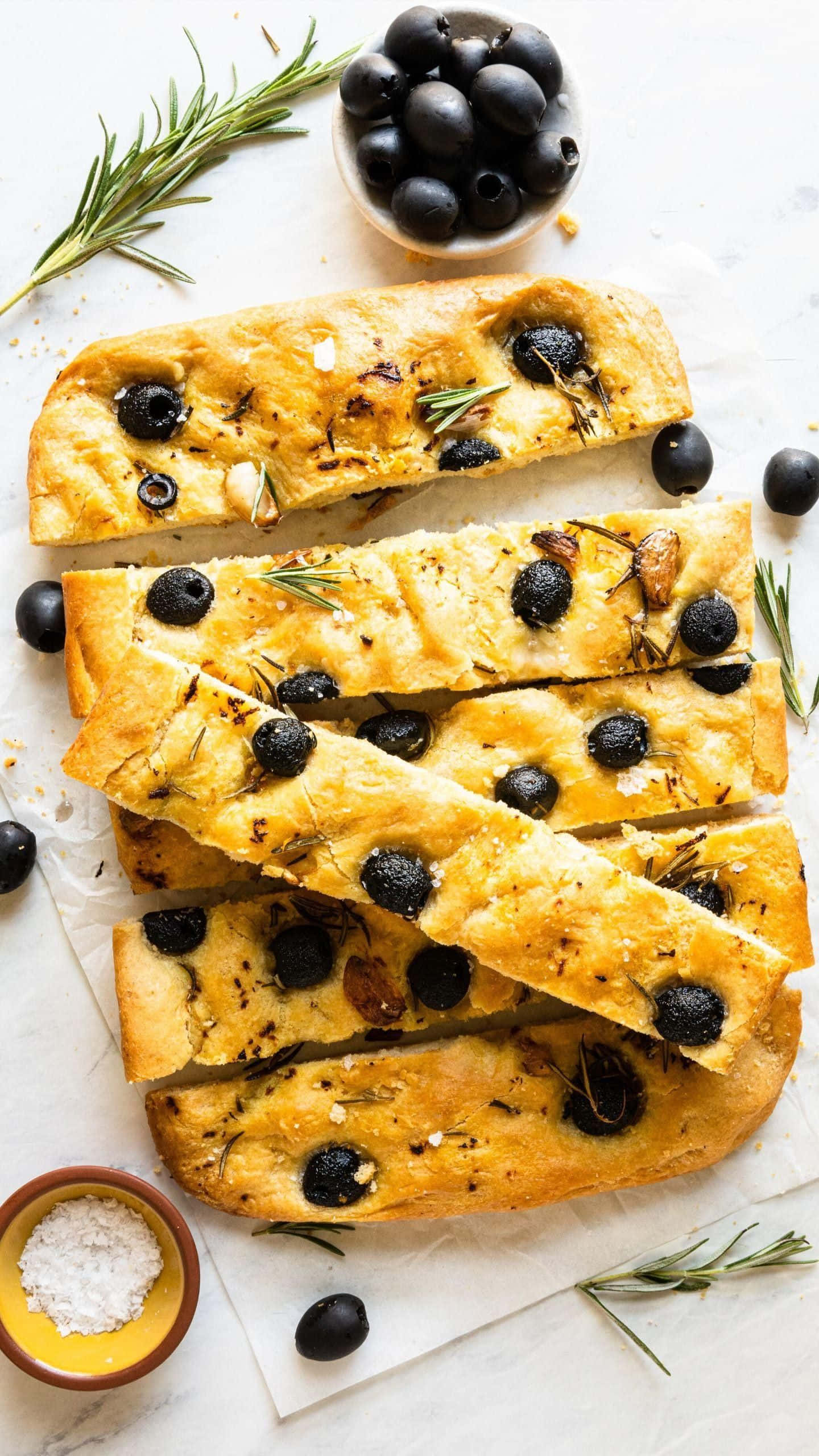 black olives, golden focaccia bread, rosemary, 2K Phone Wallpaper