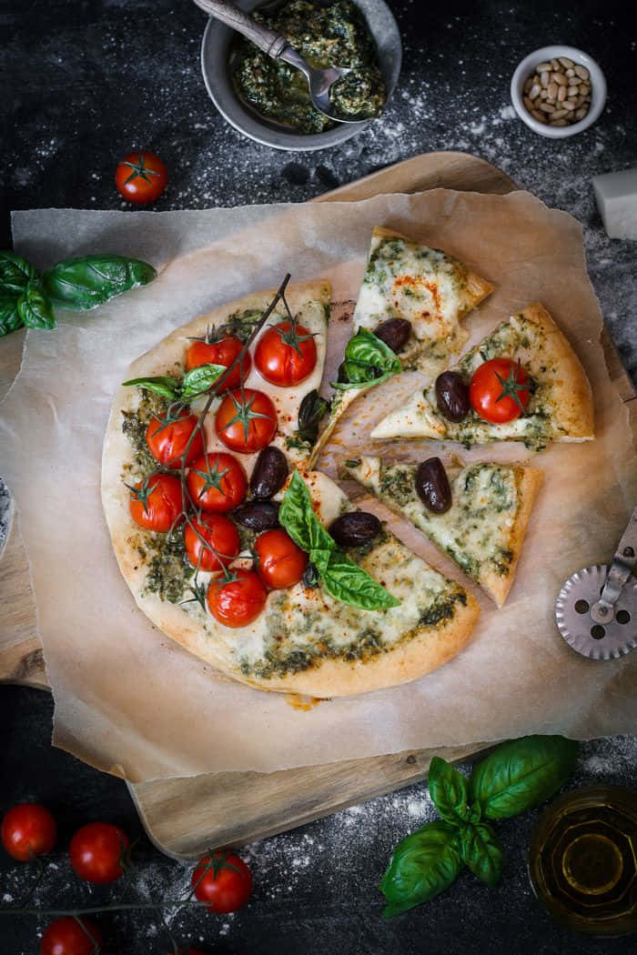 black olives, rustic pizza, cherry tomatoes, SD Phone Wallpaper