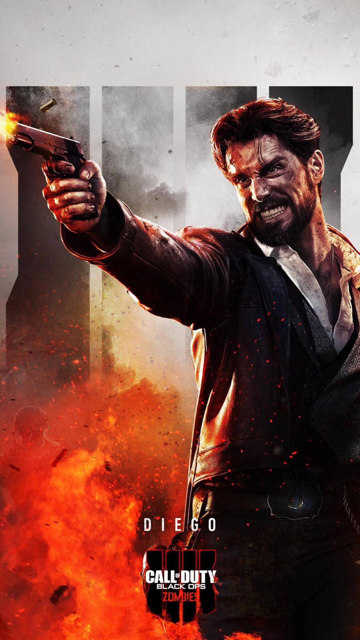 Black Ops 4 Zombies, smoking pistol, fiery explosions, Full HD Phone Wallpaper