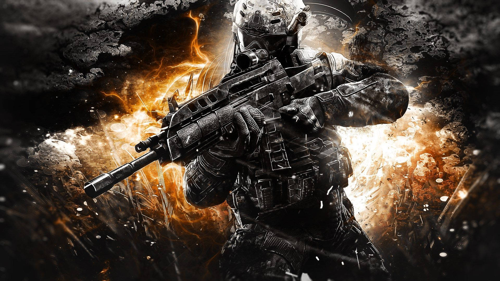Black Ops 4 Zombies, tactical gear, fiery explosions, Full HD Desktop Wallpaper
