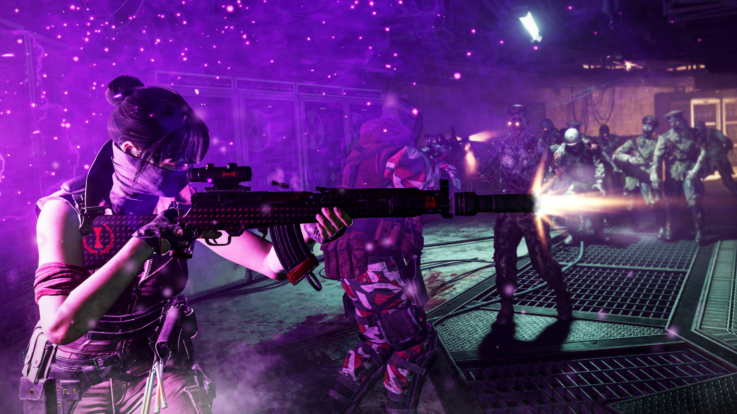 Black Ops 4 Zombies, glowing rifle, purple-lit futuristic combat arena, 2K Desktop Wallpaper