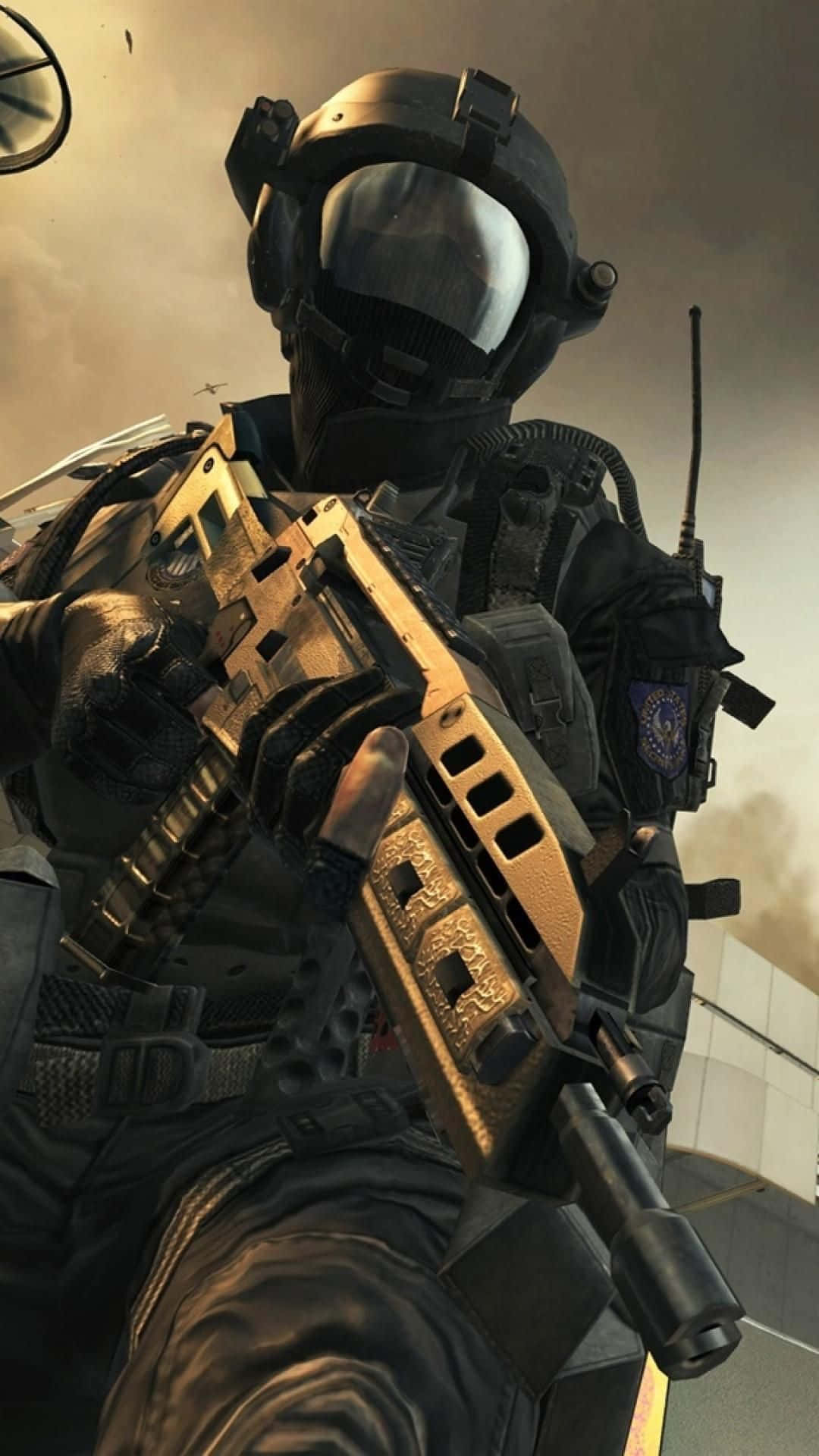 Black Ops iPhone, tactical gear, gold-colored assault rifle, Full HD Phone Wallpaper