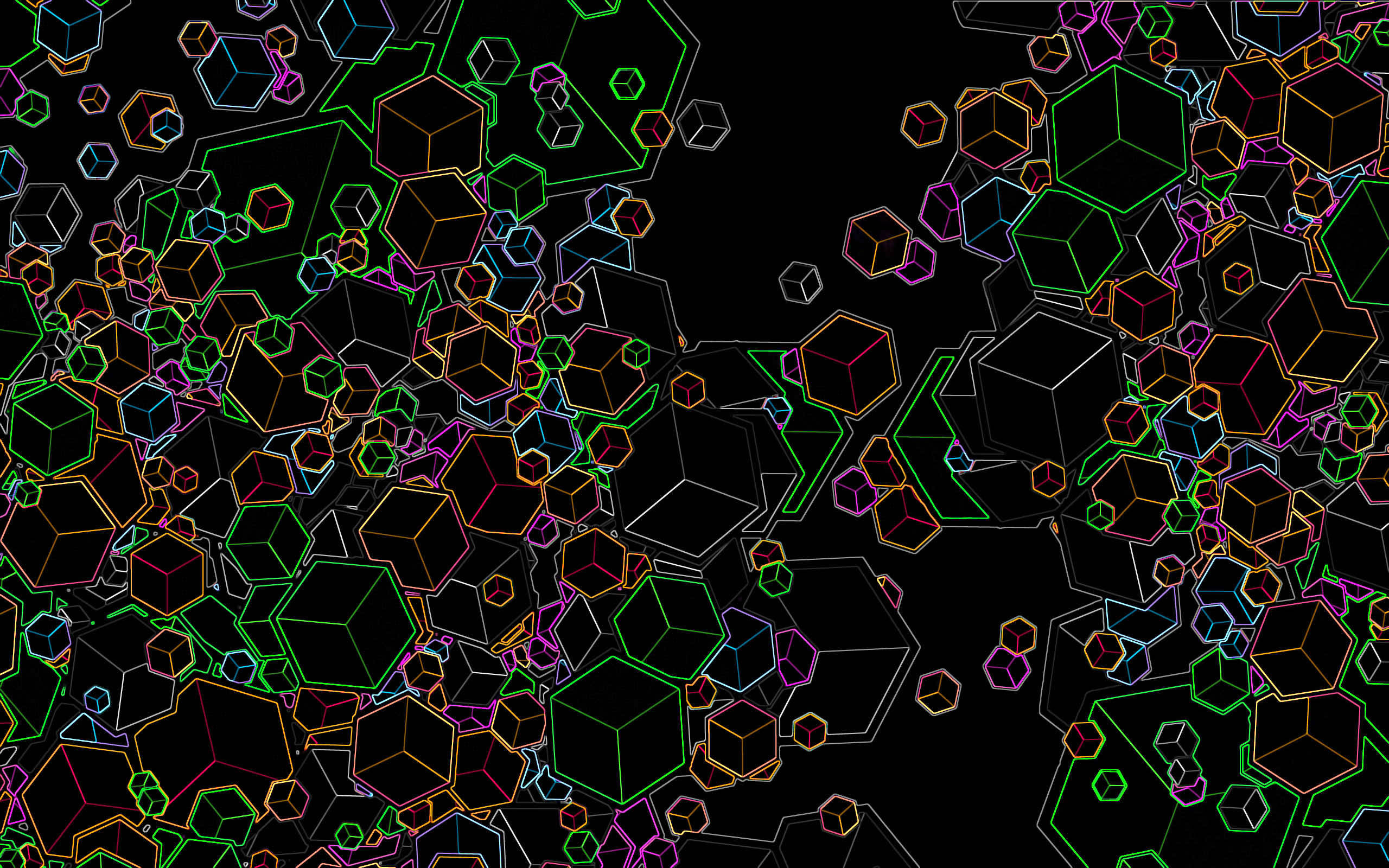 neon outlined cubes, hexagons, stark black background, 2K Desktop Wallpaper
