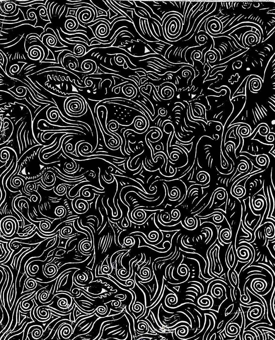 Black Page, black and white illustration, swirling lines, SD Phone Wallpaper