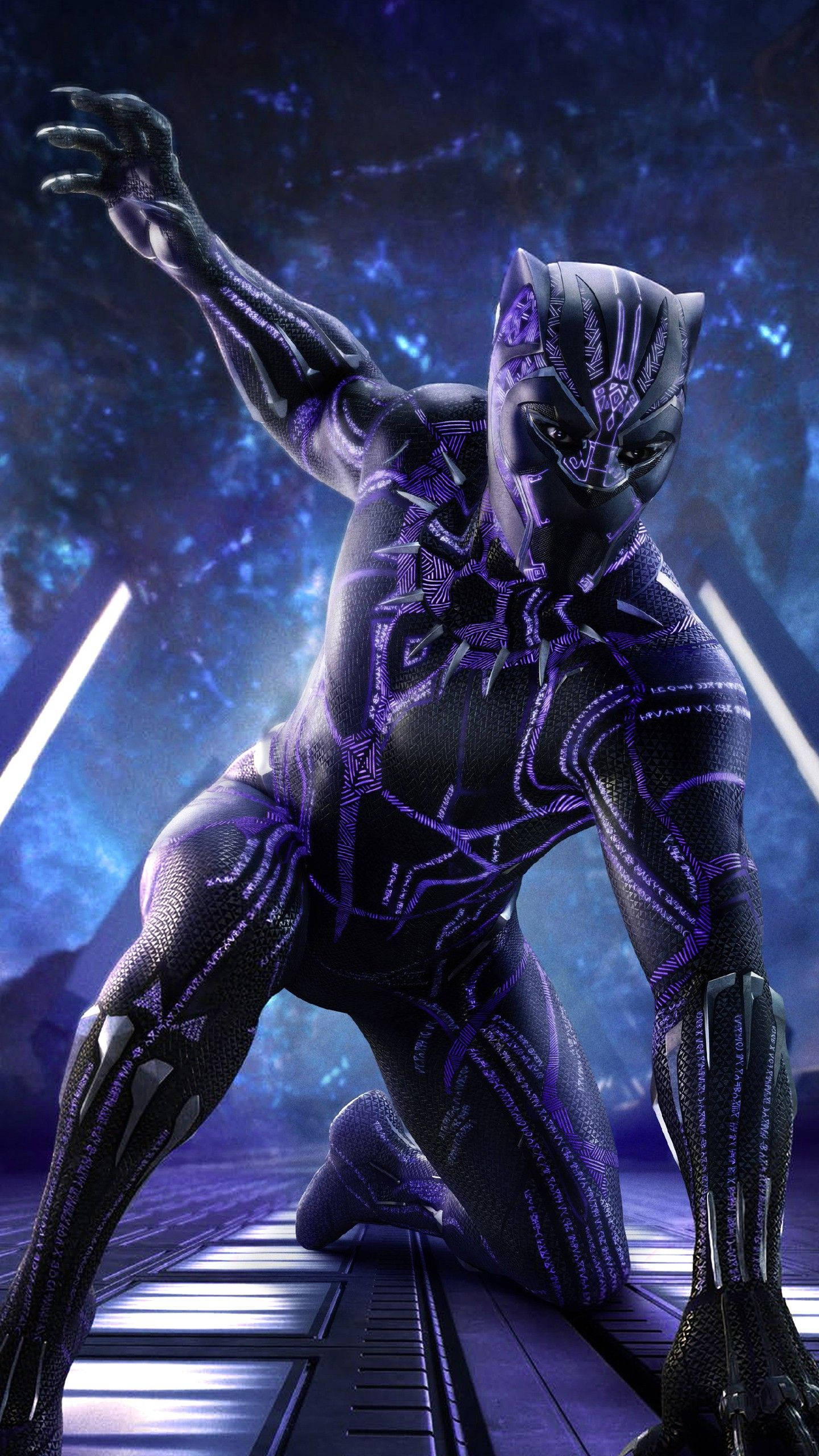 Black Panther, sleek black and purple suit, cosmic blue background, 2K Phone Wallpaper