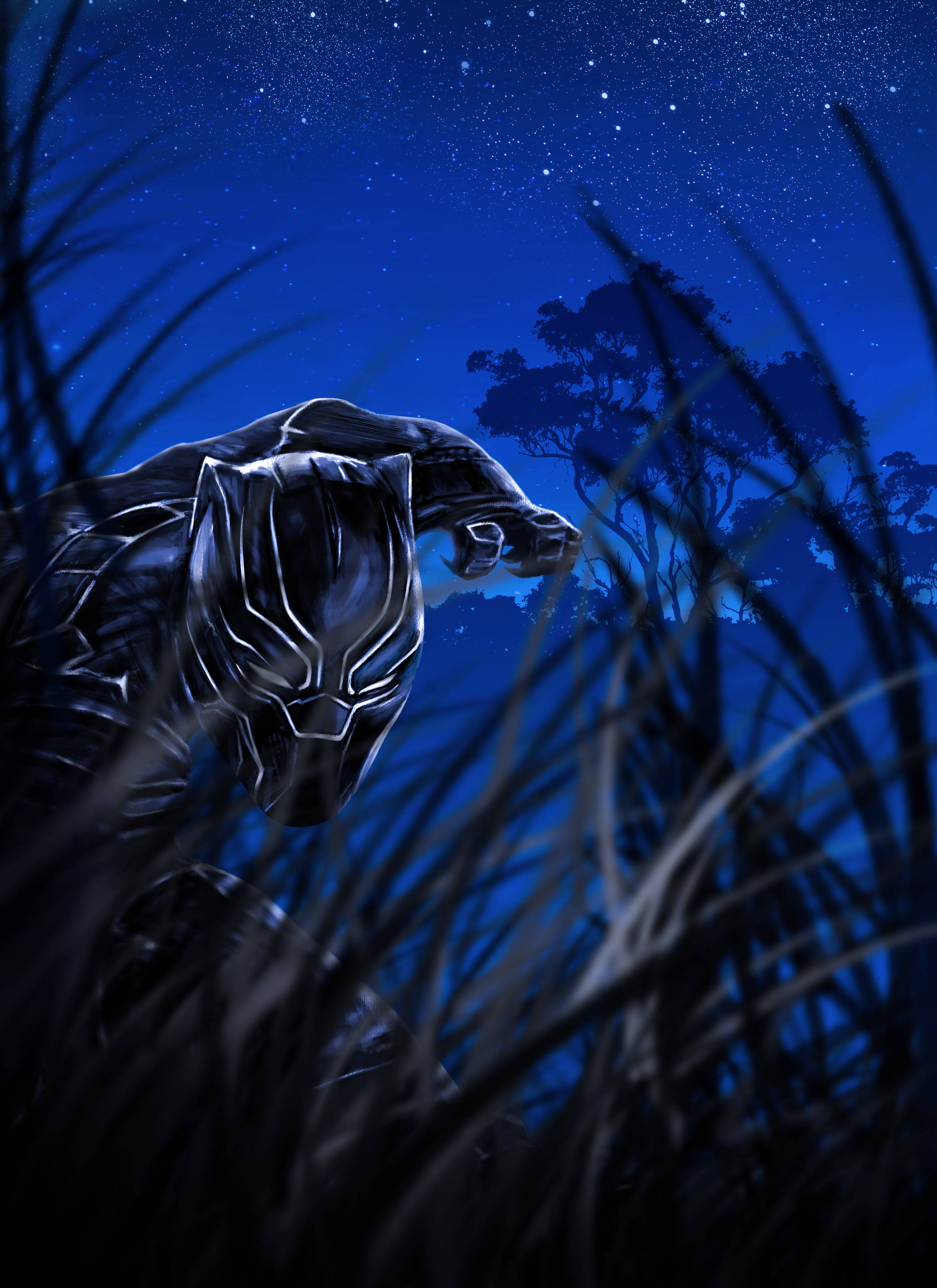 Black Panther, Android, starry night sky, 4K Phone Wallpaper