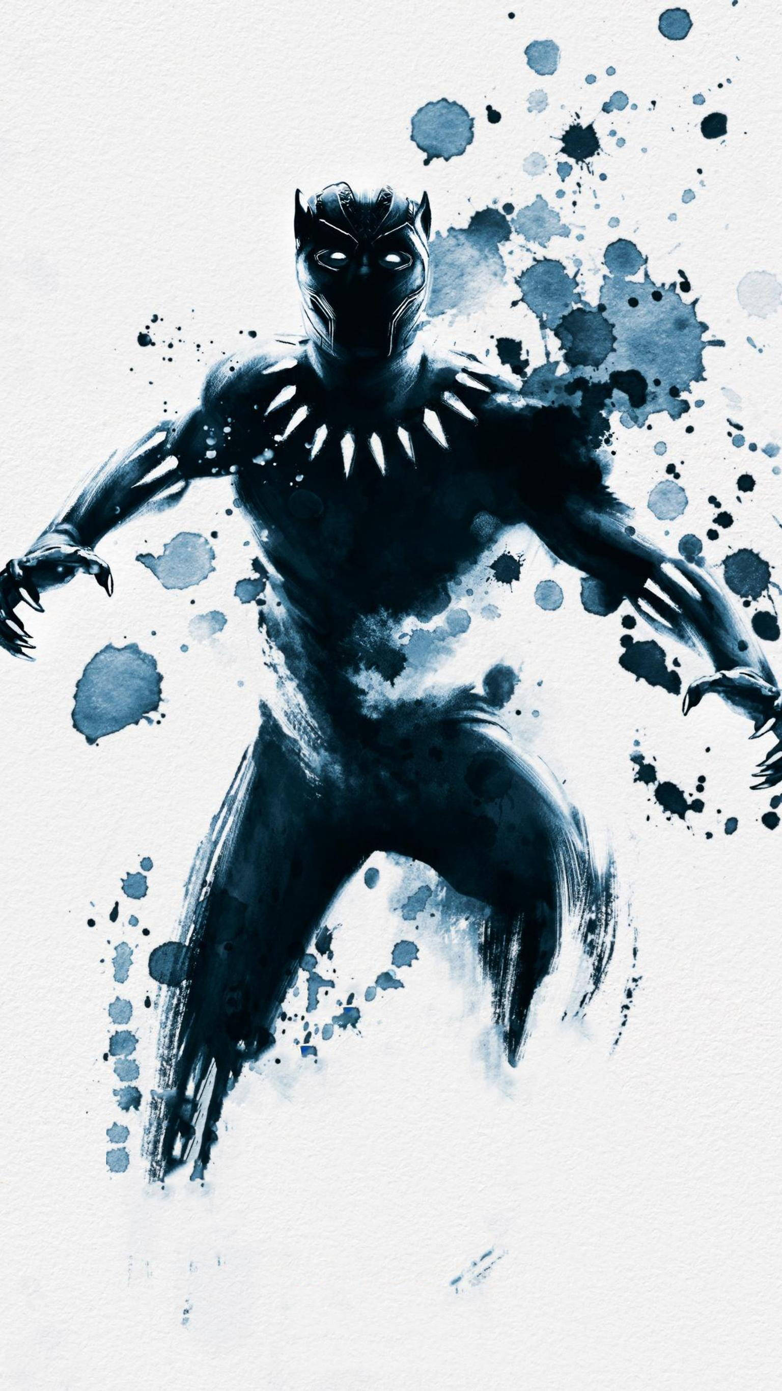 Black Panther Android, ink illustration, blue ink splatters, 2K Phone Wallpaper