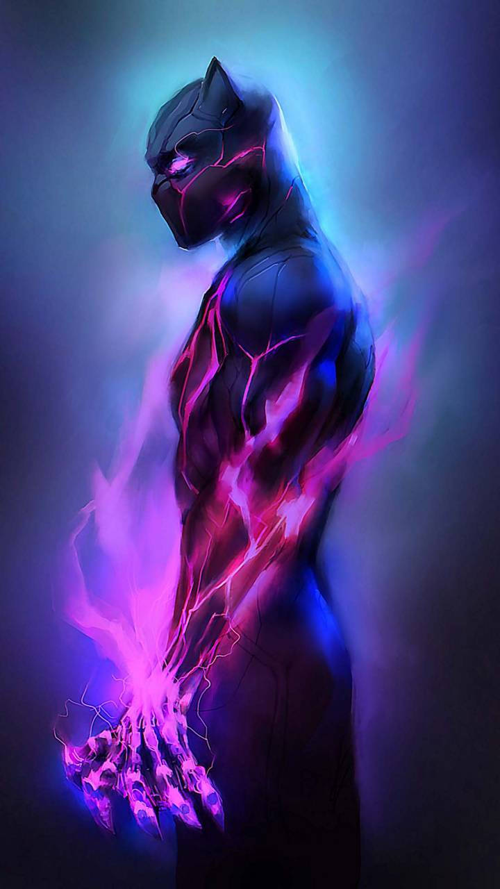Black Panther Android, vibrant purple and blue energy, lightning crackles, HD Phone Wallpaper
