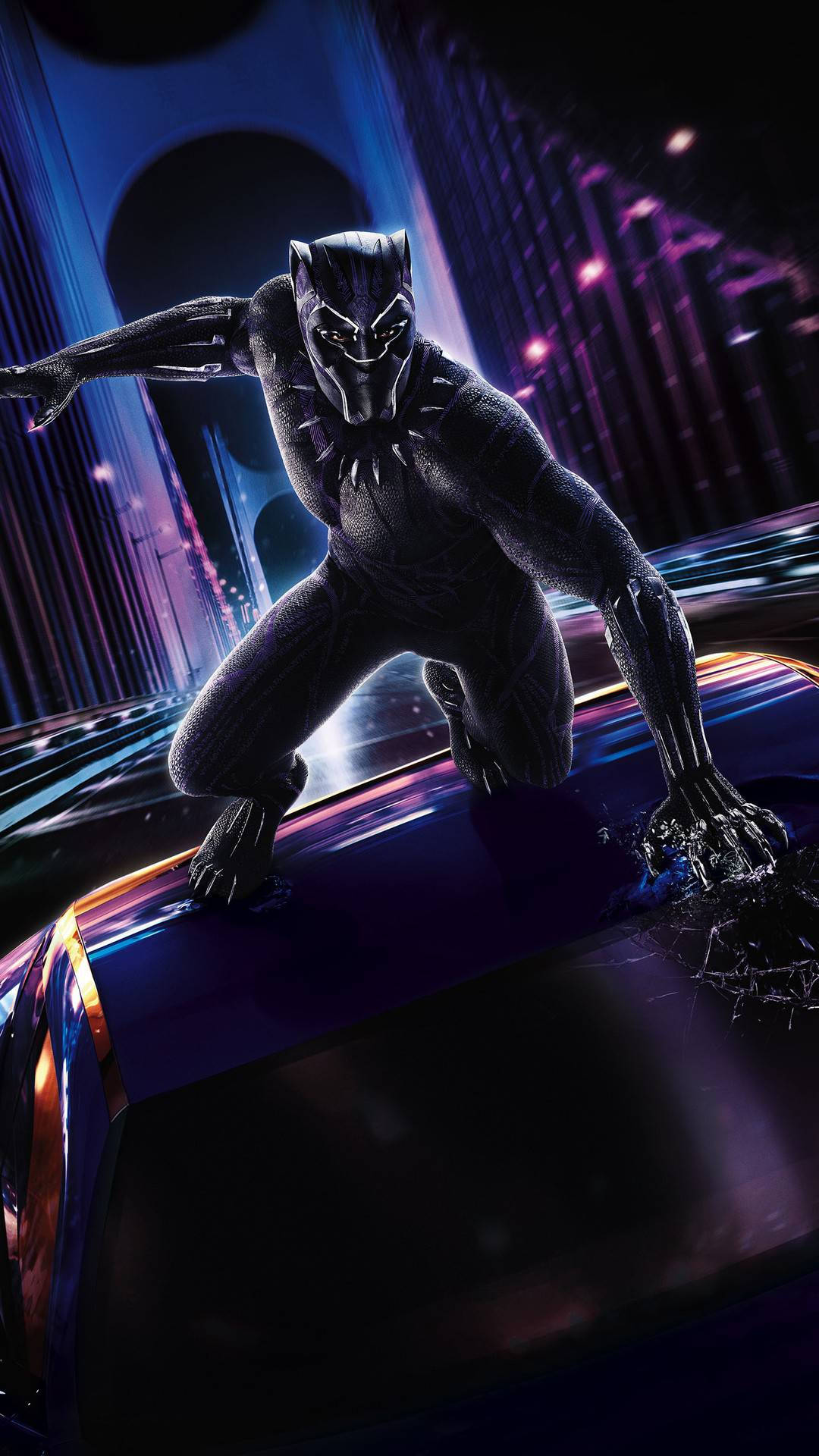 Black Panther, sleek car, neon-lit futuristic cityscape, Full HD Phone Wallpaper