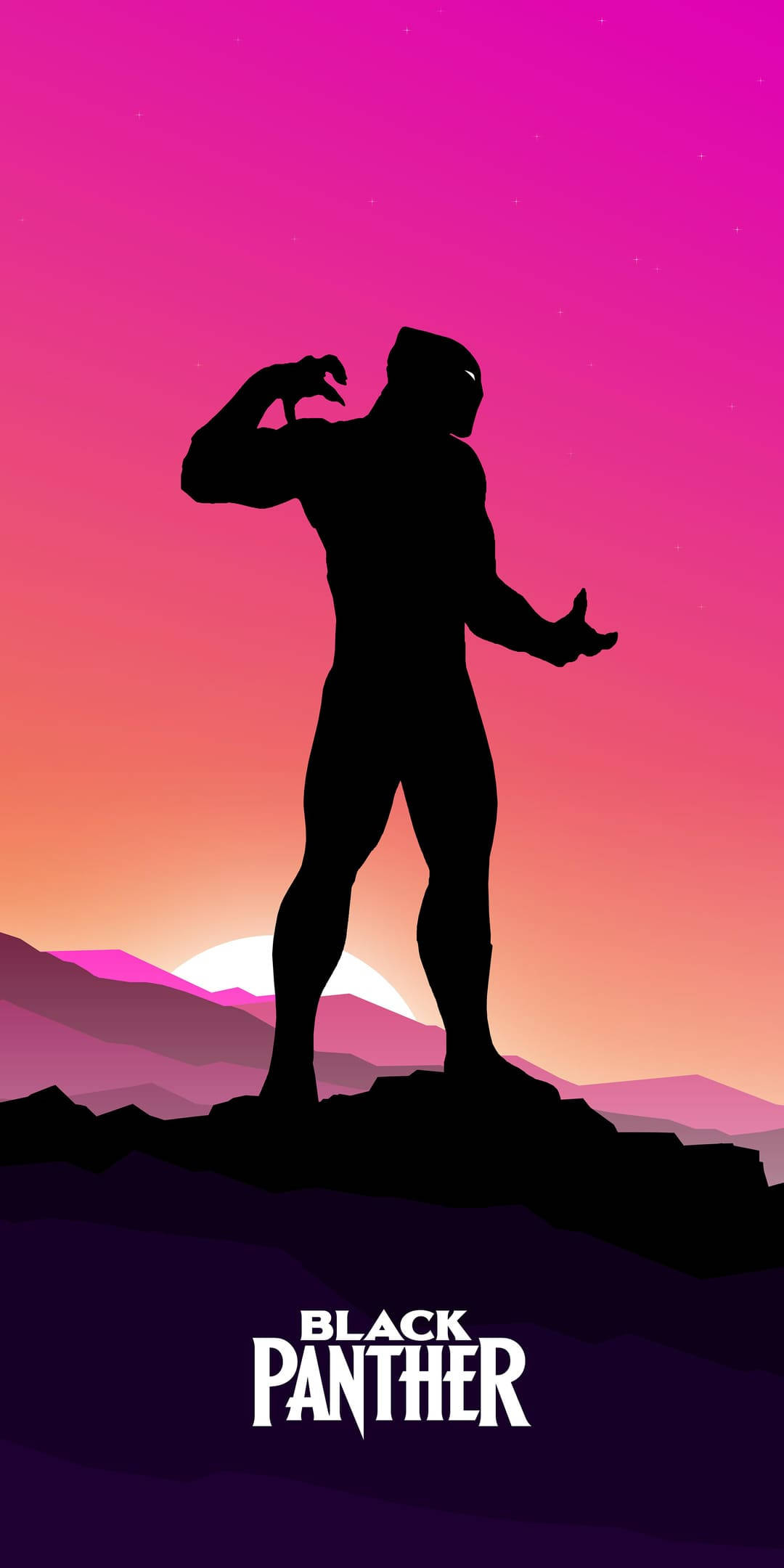 Black Panther, mountain peak, vibrant pink and orange sunset sky, Full HD Phone Wallpaper