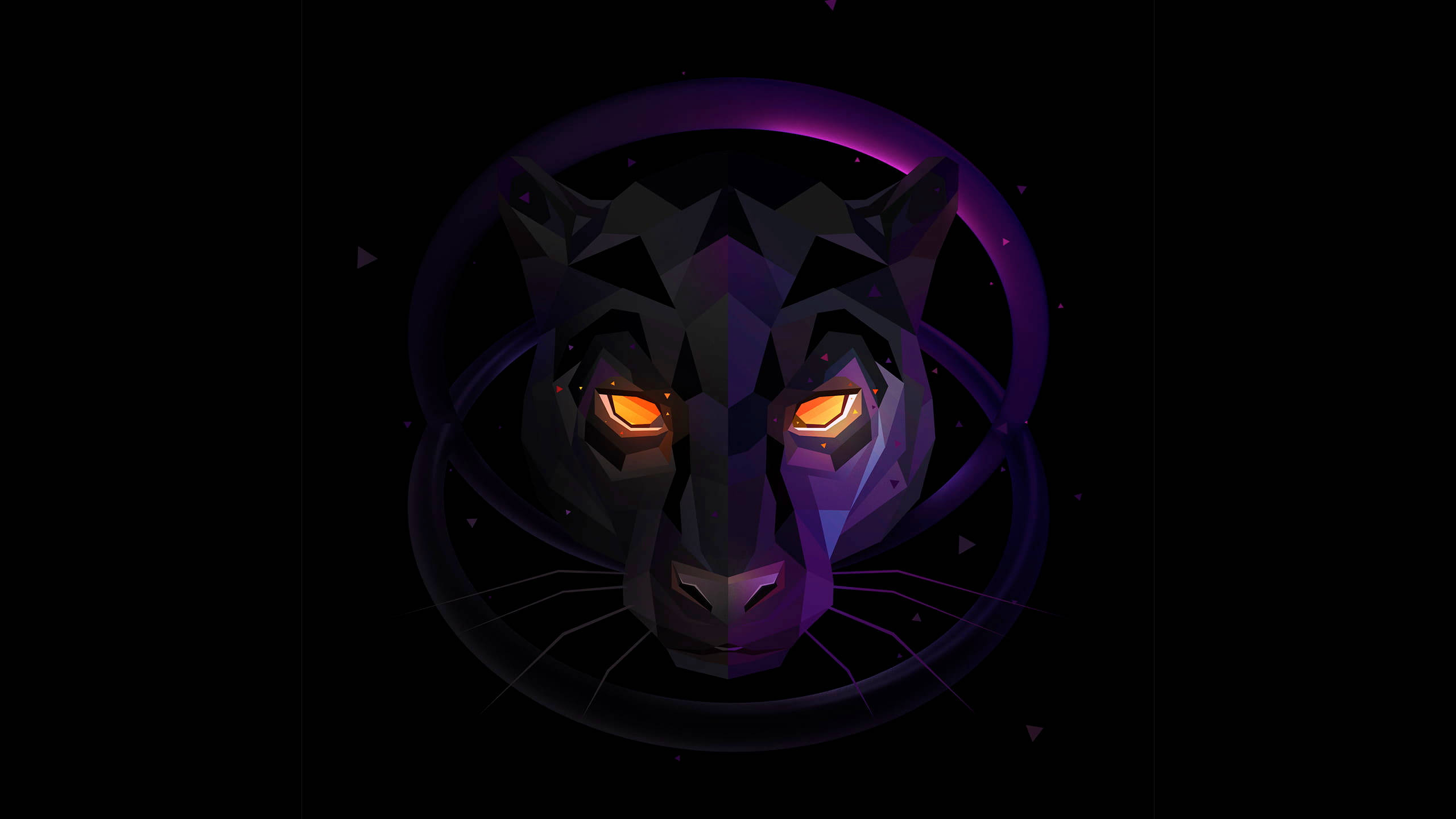 Black Panther, low-poly panther head, glowing orange eyes, 2K Desktop Wallpaper