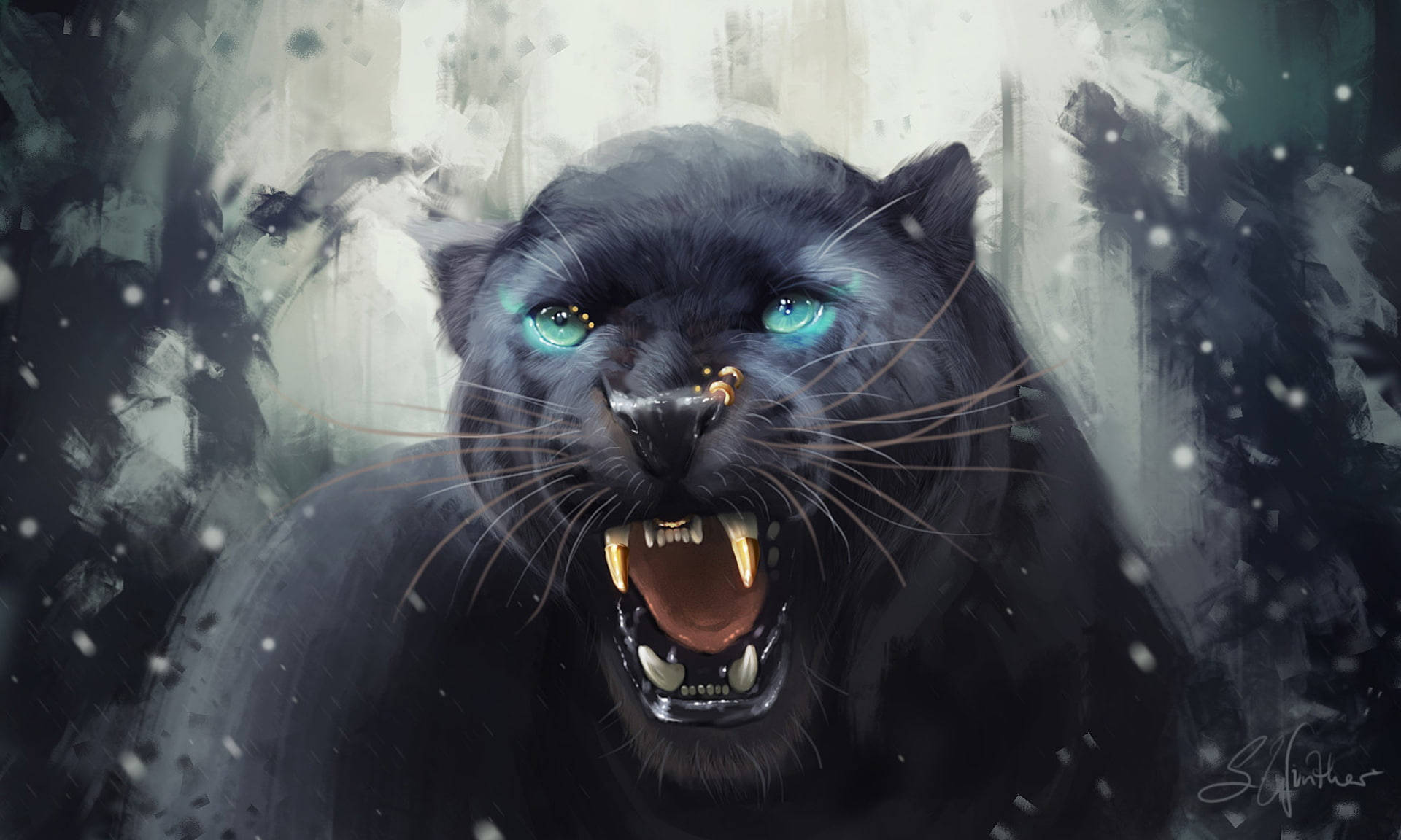 Black Panther, glowing turquoise eyes, falling snow, Full HD Desktop Wallpaper