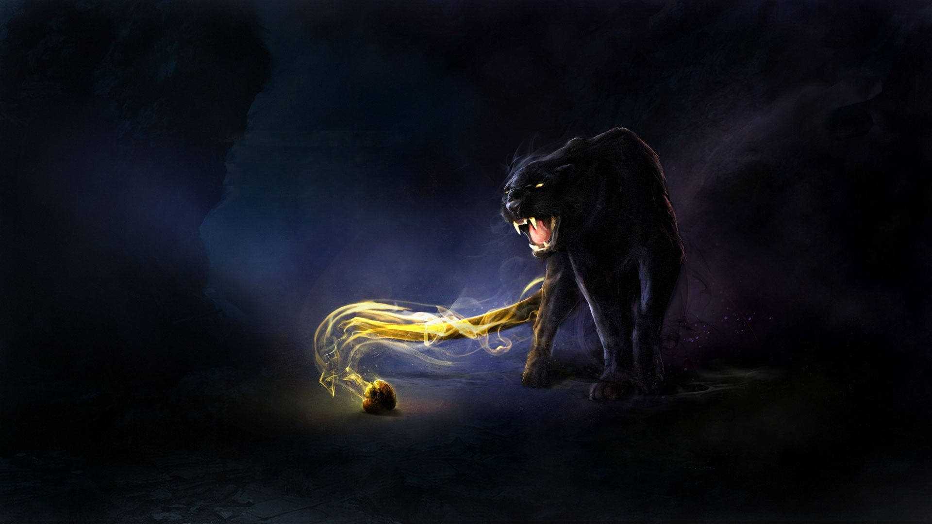 Black Panther Animal, golden energy, glowing orb, Full HD Desktop Wallpaper