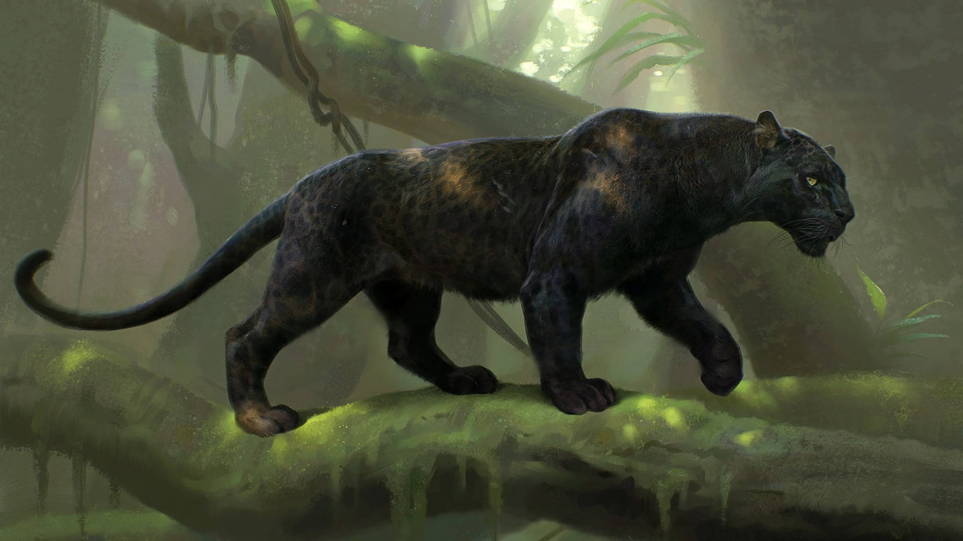 Black Panther Animal, glowing eyes, mossy jungle branch, Full HD Desktop Wallpaper