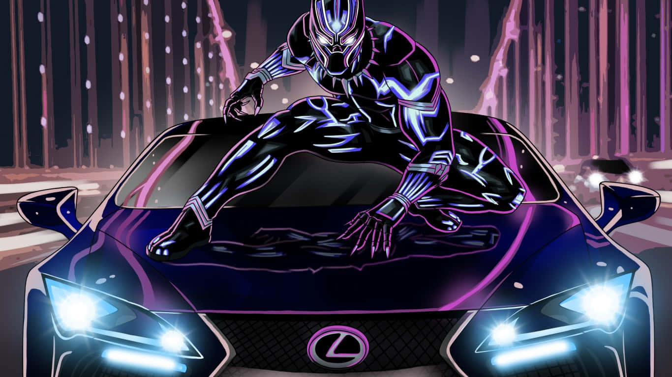 Black Panther, glowing purple Lexus sports car, neon-lit city streets, HD Desktop Wallpaper