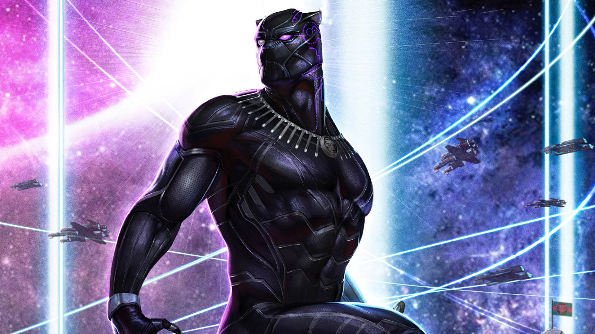 Black Panther, cosmic setting, glowing purple and blue energy beams, Full HD Desktop Wallpaper