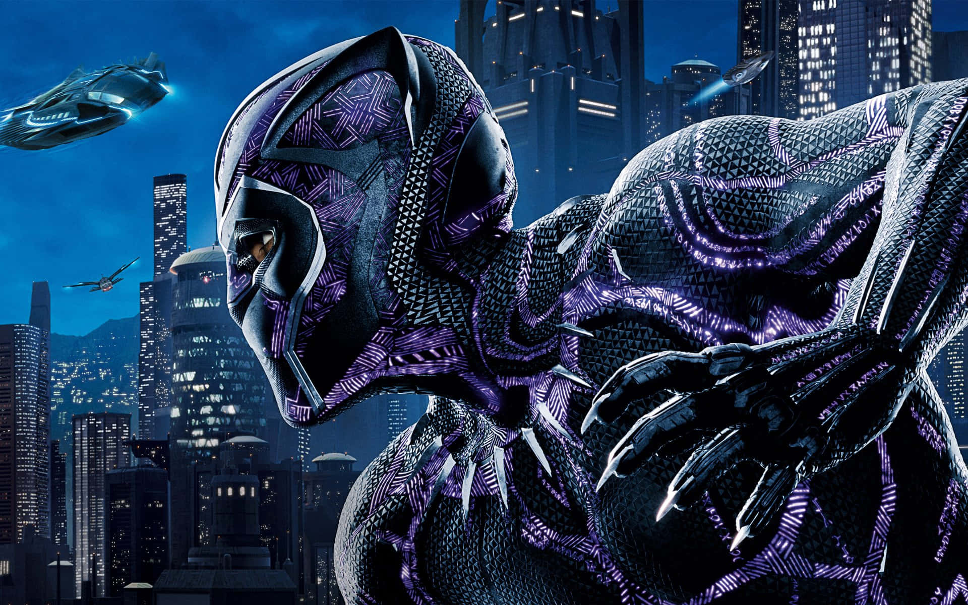 Black Panther, purple and black suit, neon-lit cityscape, Full HD Desktop Wallpaper