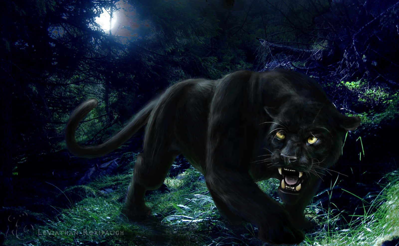 Black Panther, glowing yellow eyes, moonlit forest, HD Desktop Wallpaper
