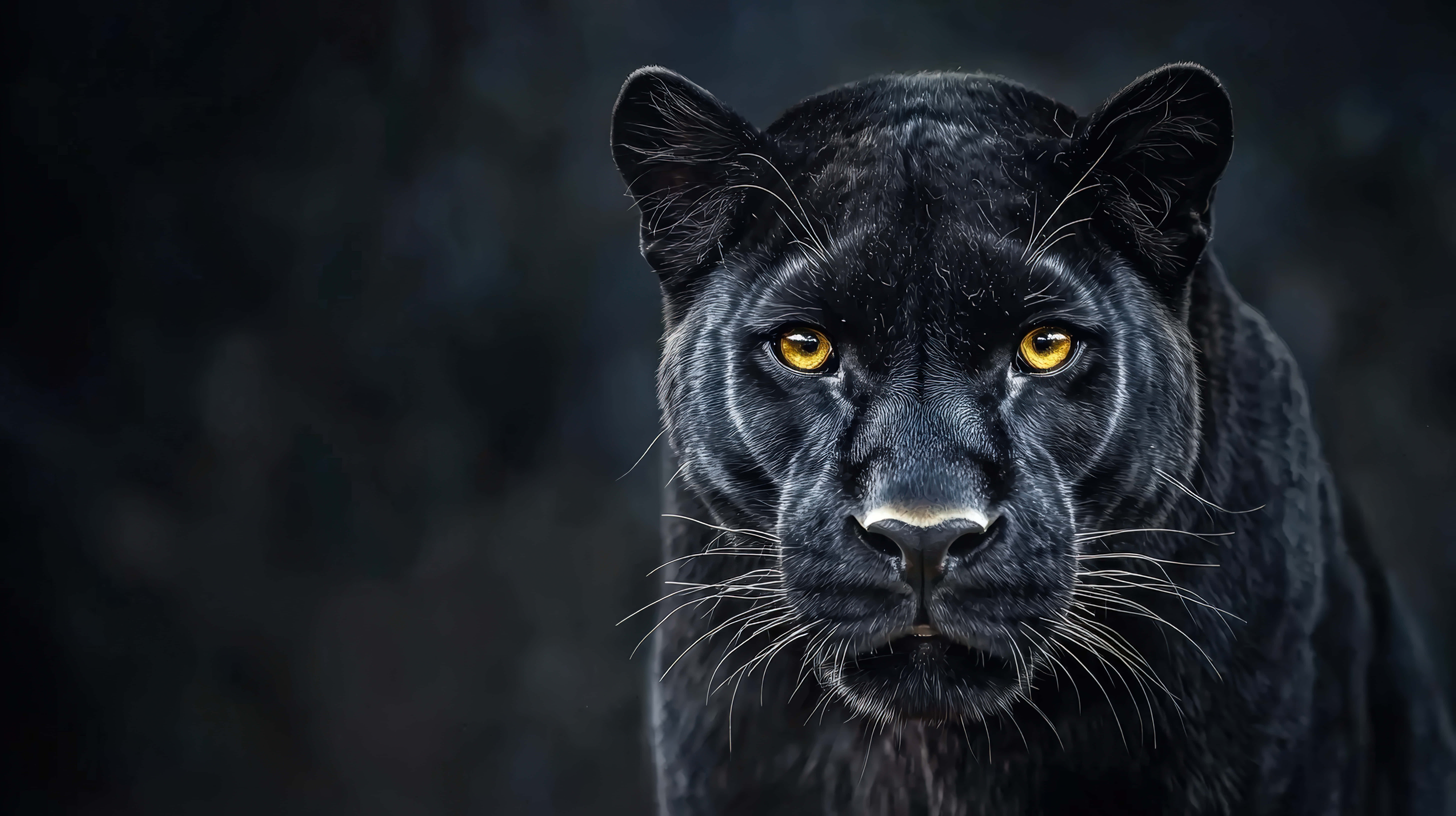Black Panther, piercing golden eyes, dark blurred background, 8K Desktop Wallpaper